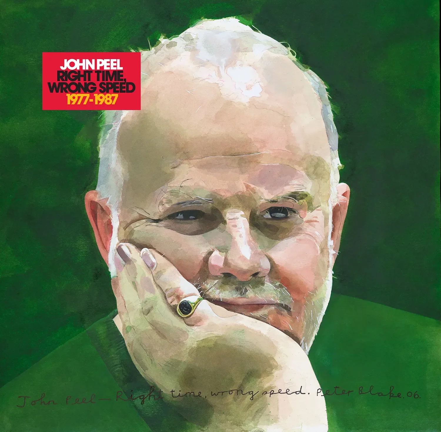 Album cover artwork for John Peel's Right Time, Wrong Speed tribute — cultural branding by Scott Parker featuring Sir Peter Blake watercolours.