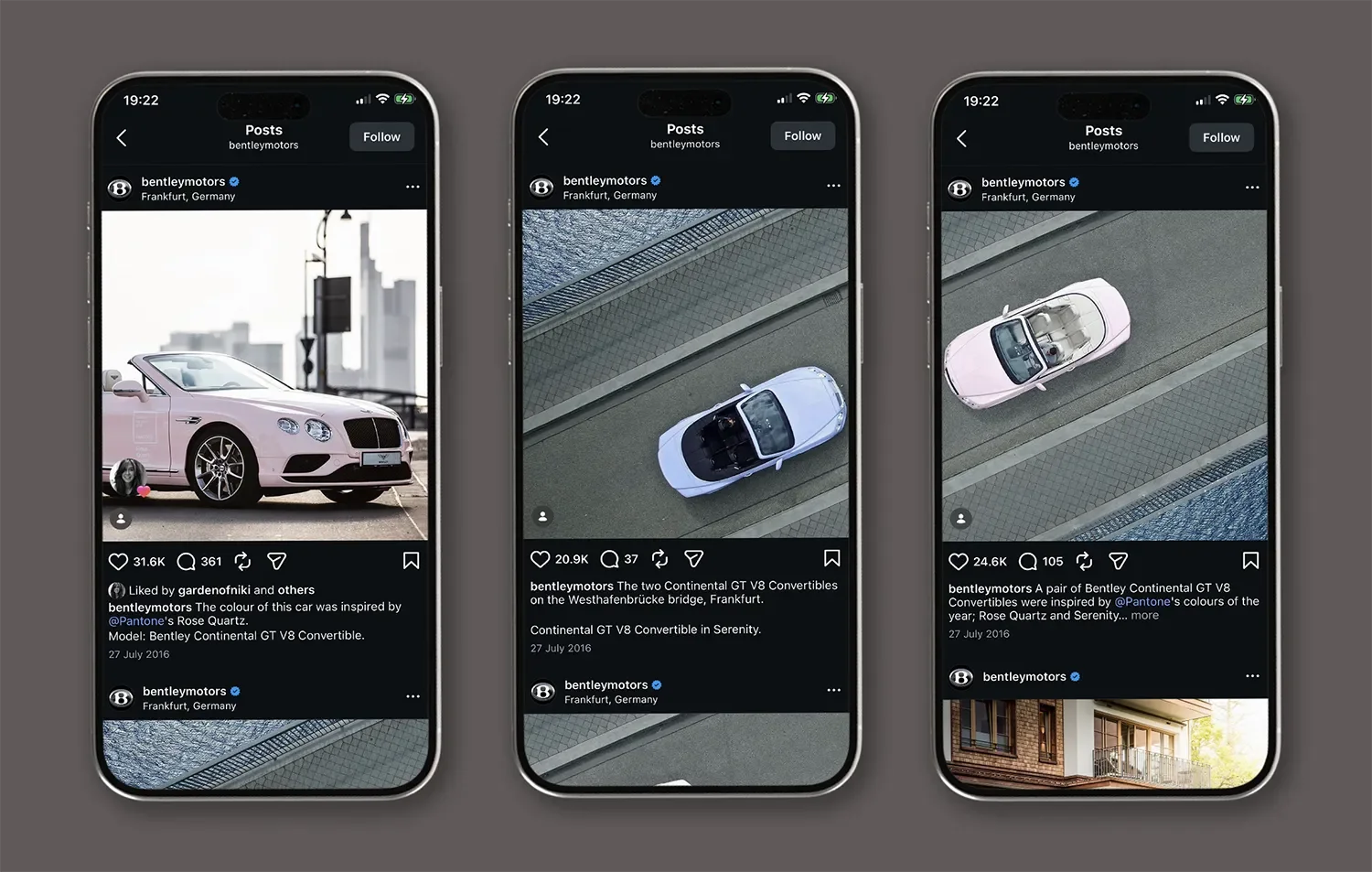 Bentley social post collaboration with Pantone featuring Rose Quartz and Serenity colours of the year