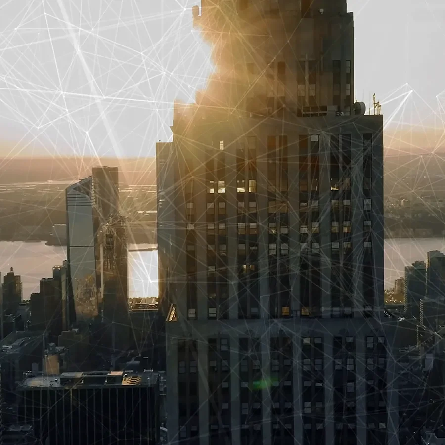 A consumer psychology icon on a real estate background with connectivity lines overlay