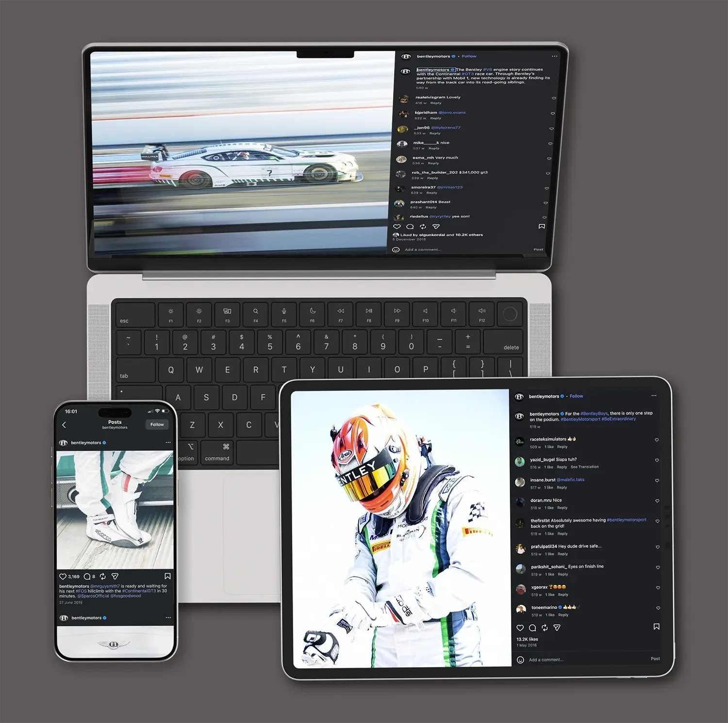 #BentleyBoys racing content shown on mobile, part of the format strategy for the Bentley social media audience