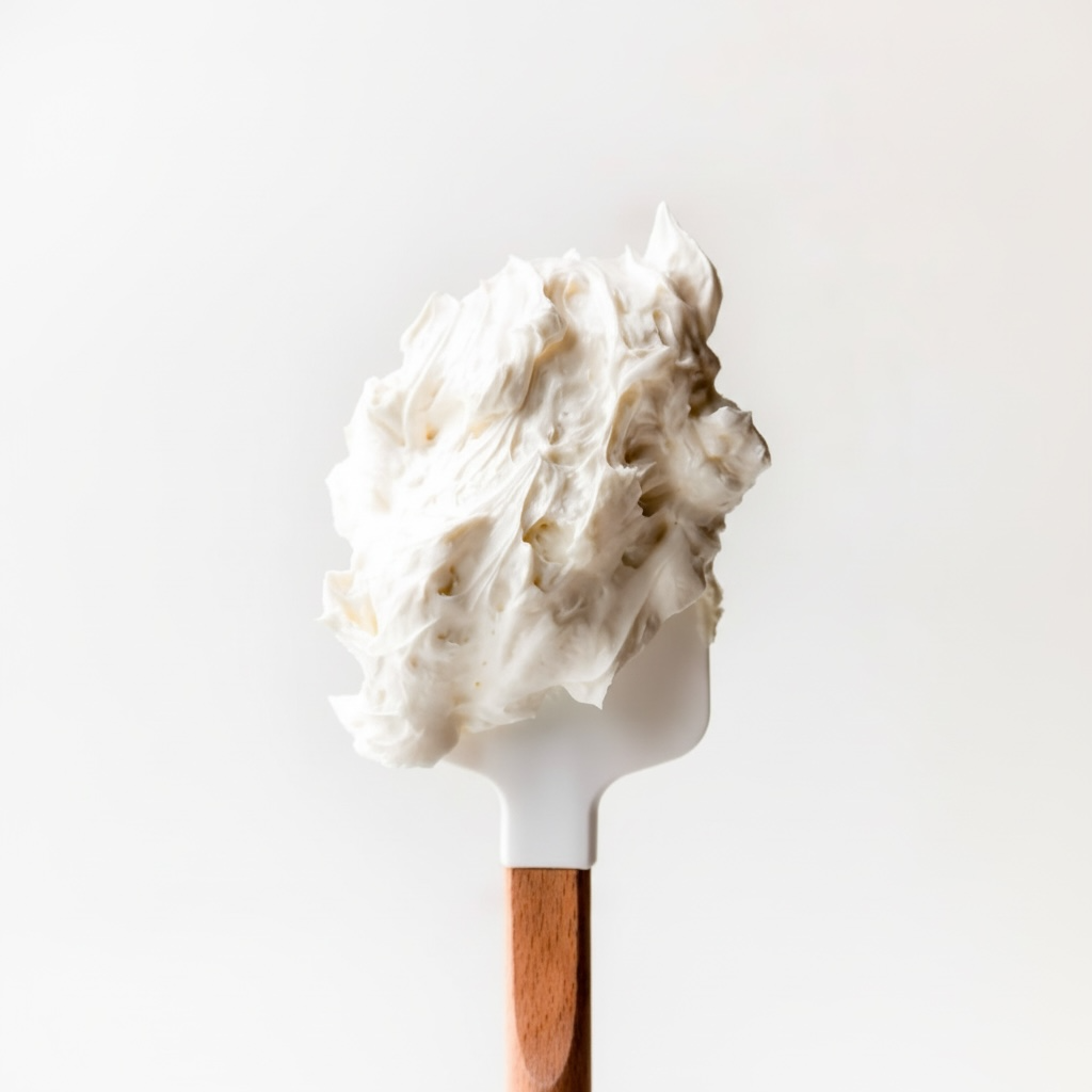 A spatula with a wooden handle and white head is covered in a large amount of white whipped cream.