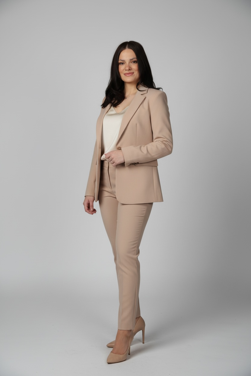 A woman with long dark hair wearing a beige business suit and high heels, standing against a plain gray background.