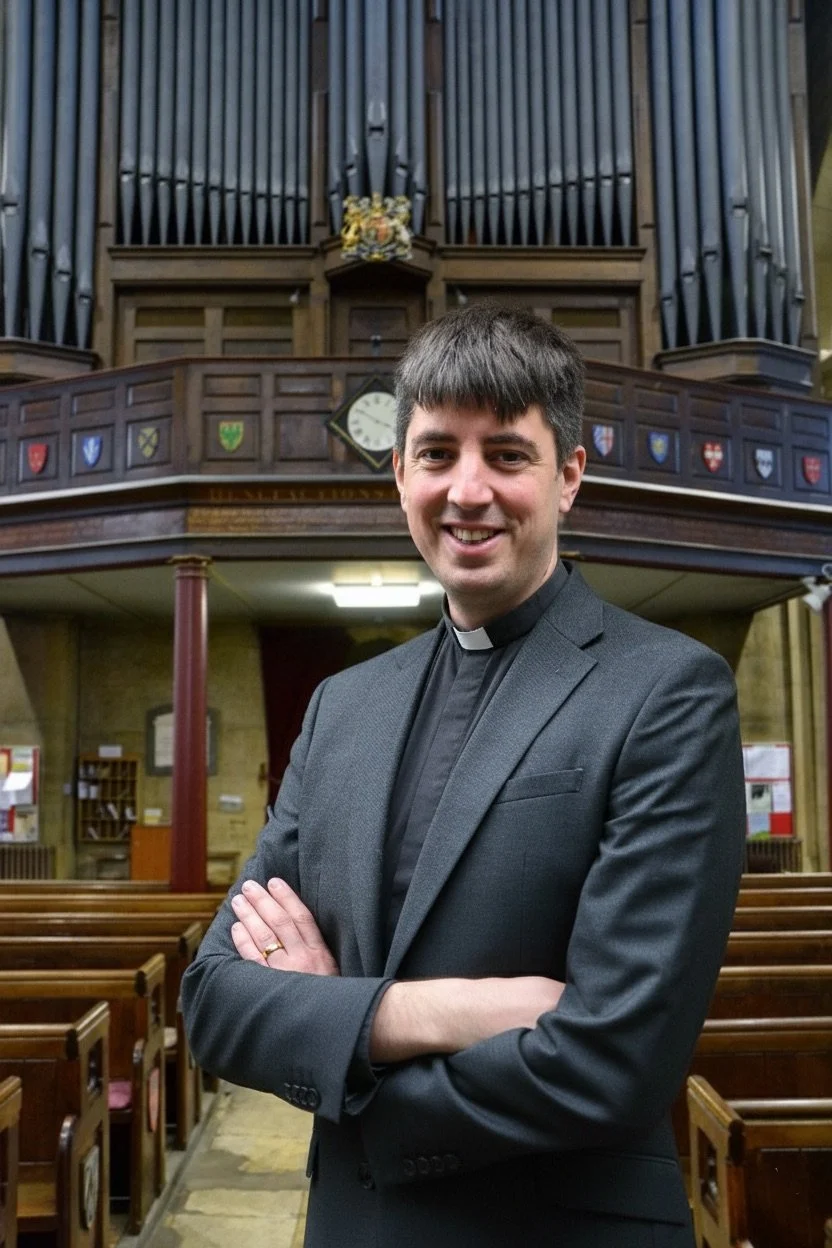A priest standing in a church with a smiling face, crossing his arms, wearing a black clerical shirt with a white collar, in front of wooden church pews and an organ with decorative shields, a clock, and heraldic symbols.