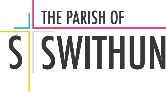 Logo for The Parish of St. Swithin with colorful line accents and black background.