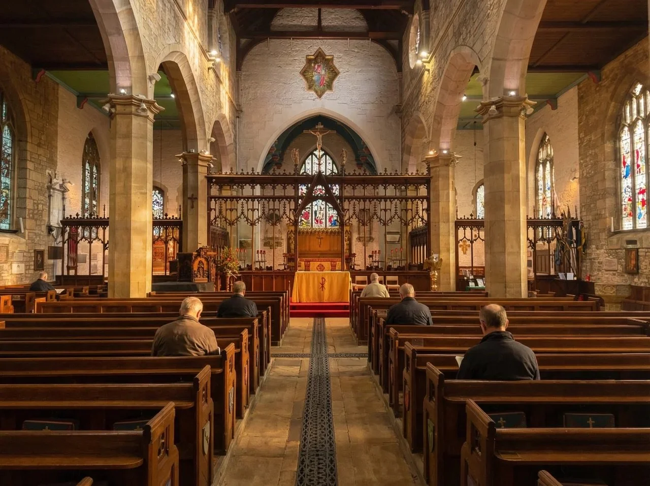 Interior view of a church with wooden pews, stone walls, stained glass windows, and an altar at the front with a crucifix and religious icons. Four men are seated in the pews, praying or meditating.