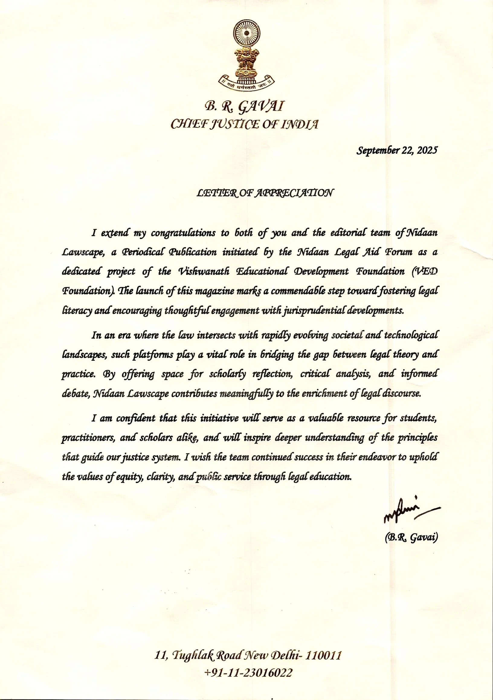 Honoured by the best wishes of Shri. B.R.Gawai, then Hon'ble Chief Justice of India, for Nidaan LawScape. 