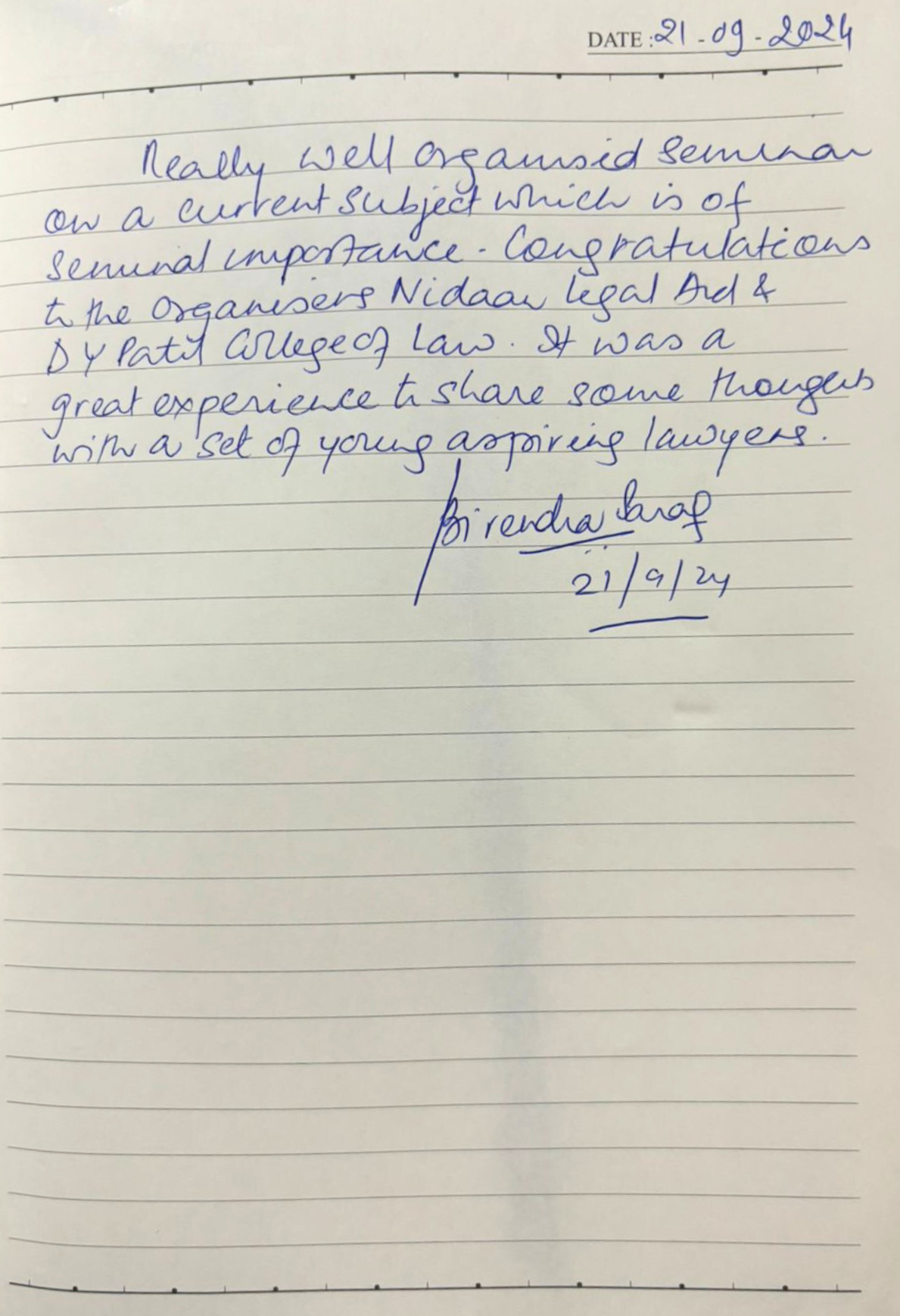 Honoured to receive an appreciation letter from Dr. Birendra Saraf, then Advocate General of Maharashtra 