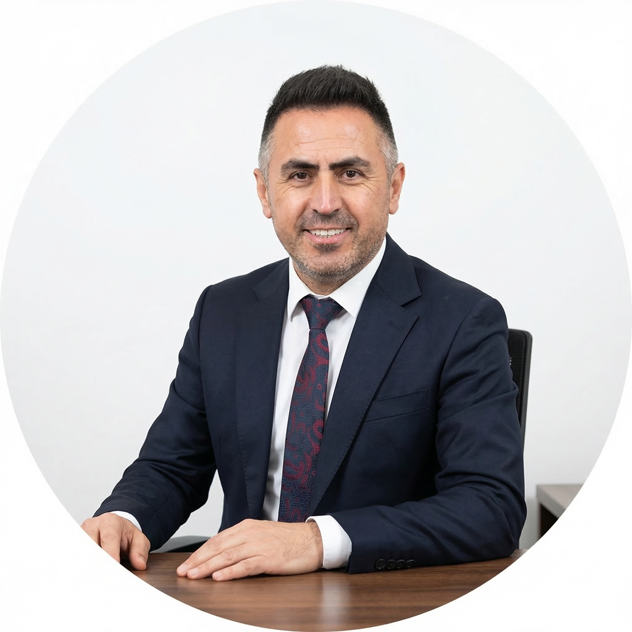 Dünyaca tanınmış bir iş profesyoneli, resmi beyaz sıfırlık arka planda, koyu mavi takım elbise giymiş, kravat takmış, masanın üzerinde oturuyor, gülümseyerek bakıyor.