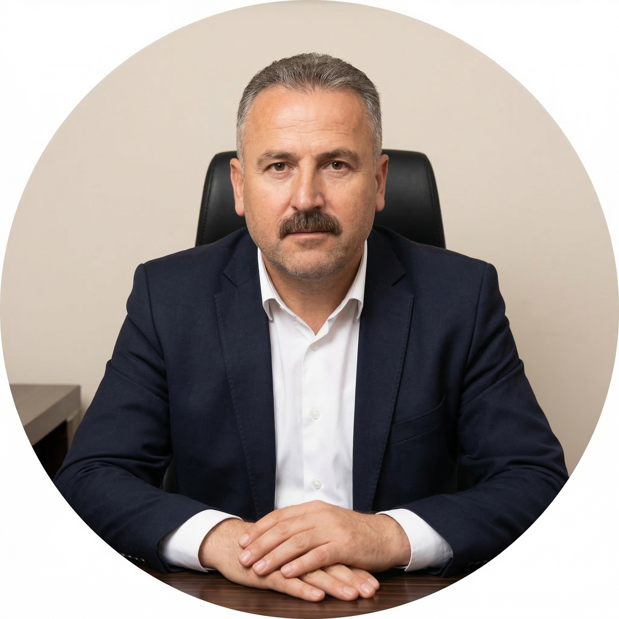 Resmimde, ofis ortamında, siyah deri koltukta oturan, kısa saçlı, sakallı ve bıyıklı, koyu mavi blazer ve beyaz gömlek giymiş, ciddi bir erkek bulunuyor.