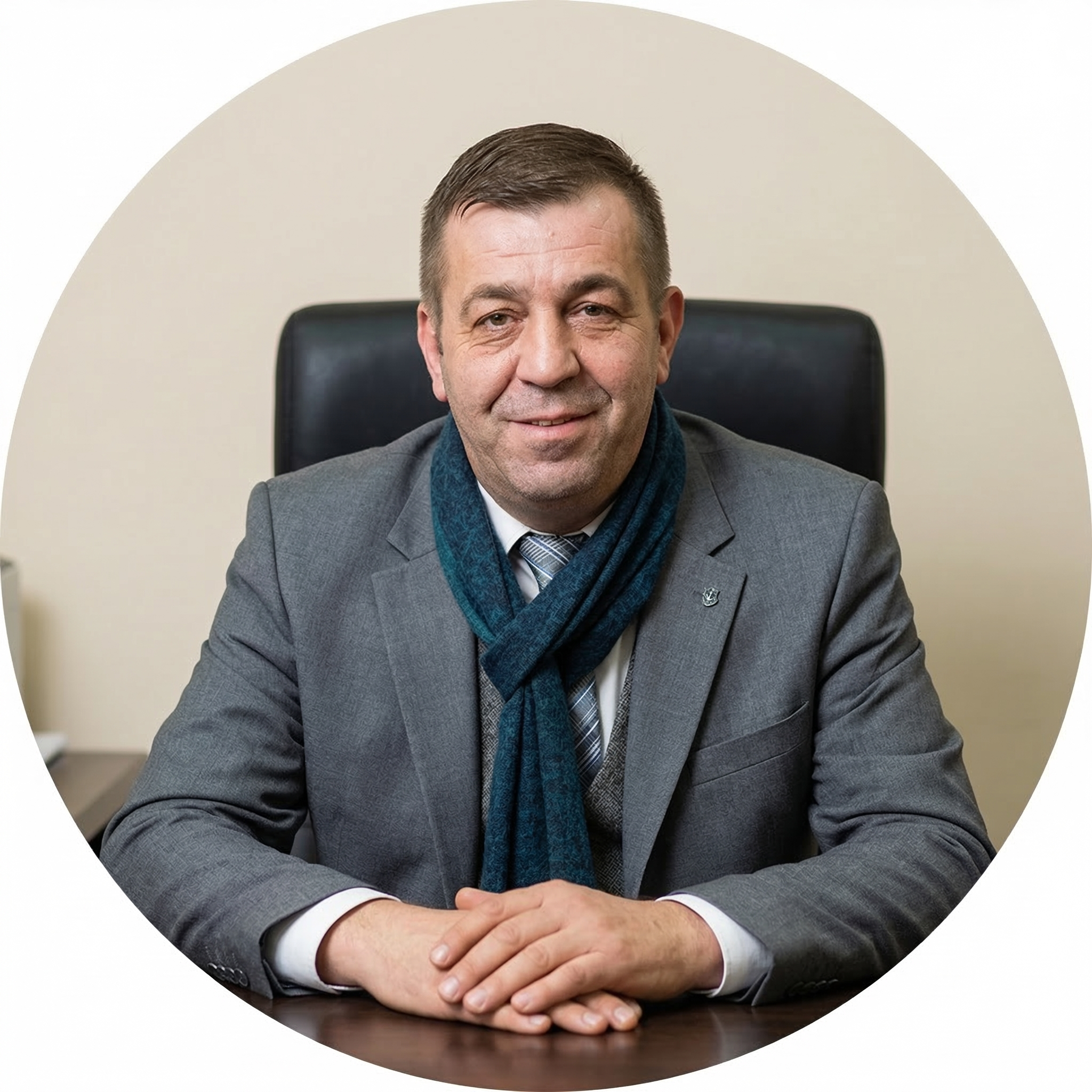 Ofis ortamında, öğrenci veya erkek kıyafeti giymiş bir adam, masa başında oturuyor ve gülümseyerek bakıyor.