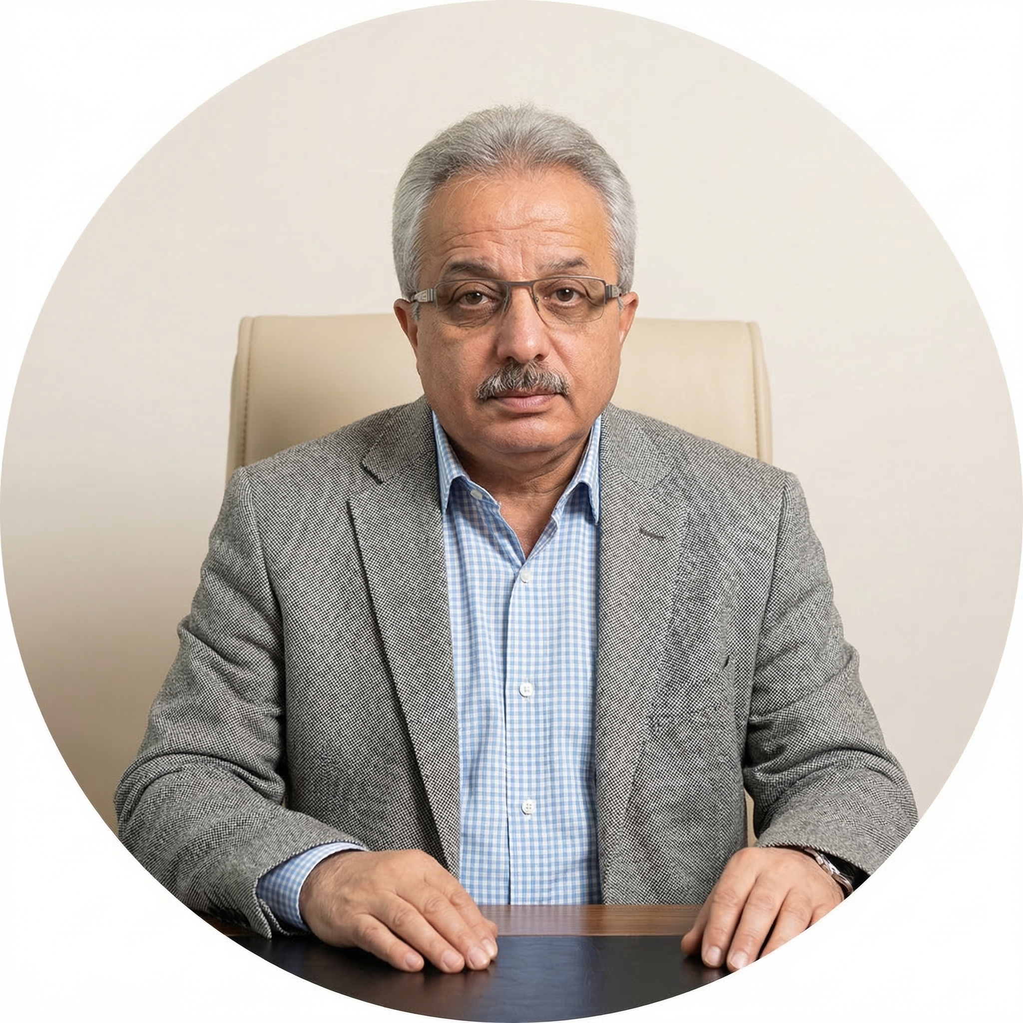 Kahverengi deri kaplı sandalyeye oturmuş, gri ceket ve mavi ekoseli gömlek giymiş yaşlı adam, ofis ortamında, arka planda açık bej duvar.