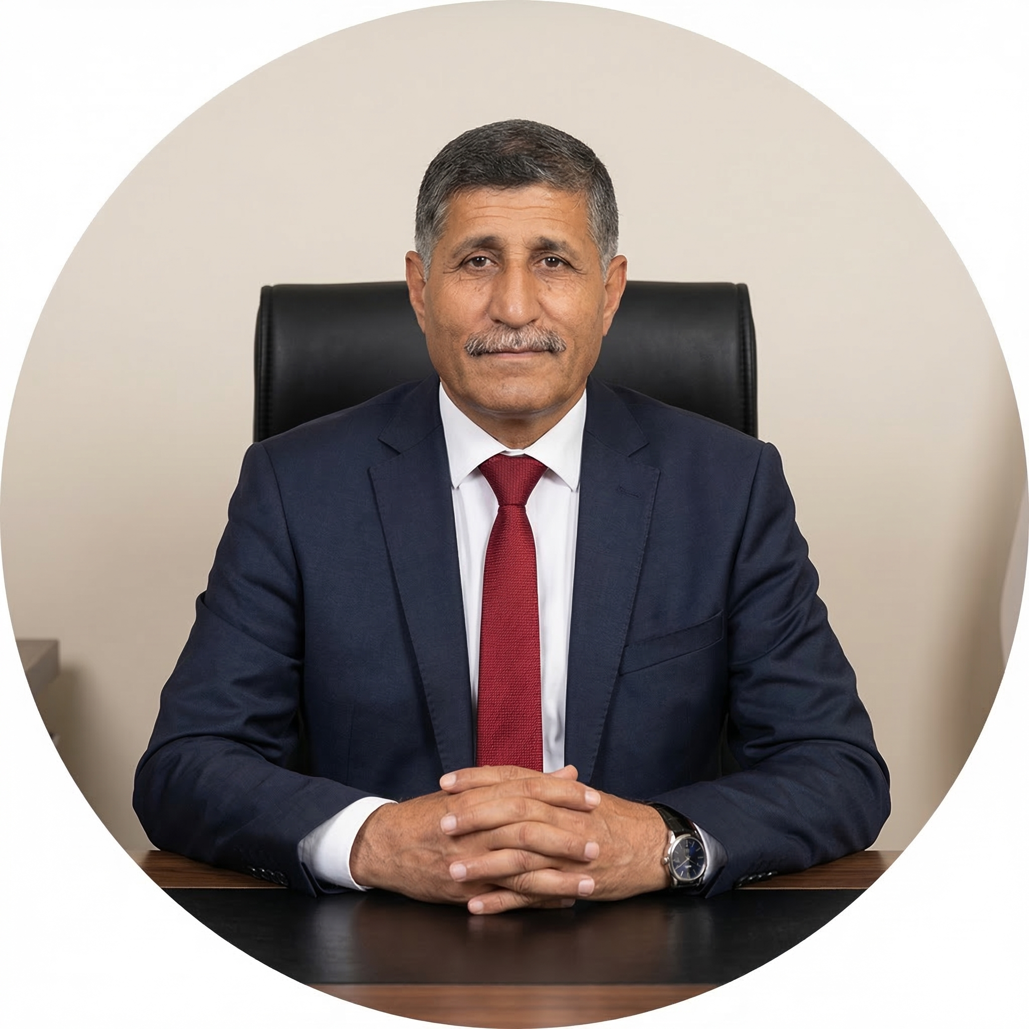 İş ortamında oturan, erkek, ciddi görünümde, koyu mavi takım elbise ve kırmızı kravat takmış, başarı ve otorite ifadesiyle oturuyor.