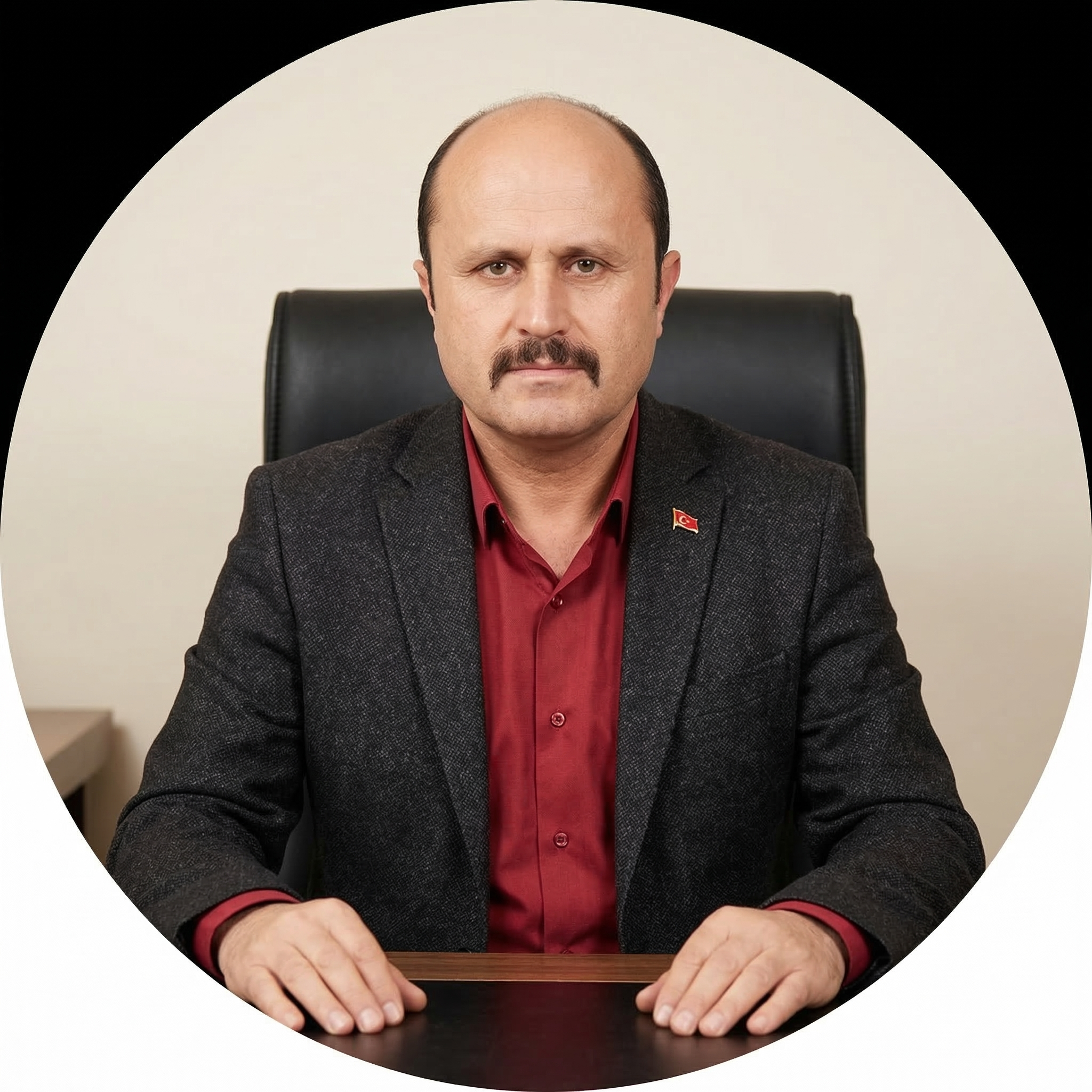 Erkek bir kişi, ofis sandalyesinde, kırmızı gömlek ve siyah ceket giymiş. Ceketinin lapelinde Türkiye bayrağı rozeti var. Masanın üzerinde duruyor.