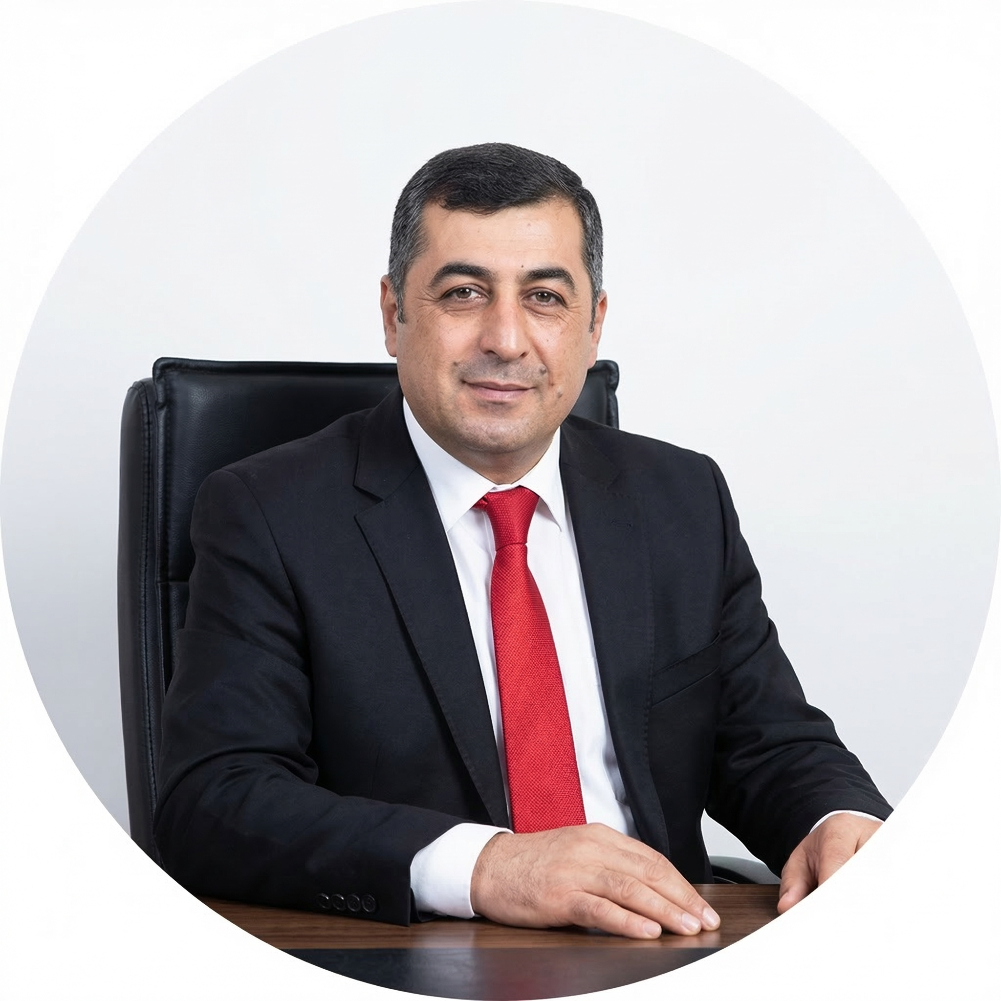 Ofis ortamında oturan, blazer ve kırmızı kravat takmış erkek.