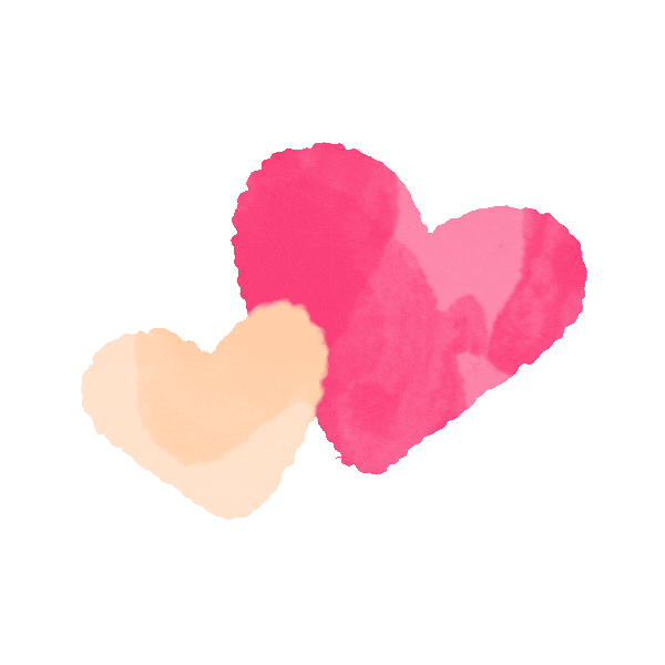 Three watercolor-style hearts in pink, red, and peach on a pink background.