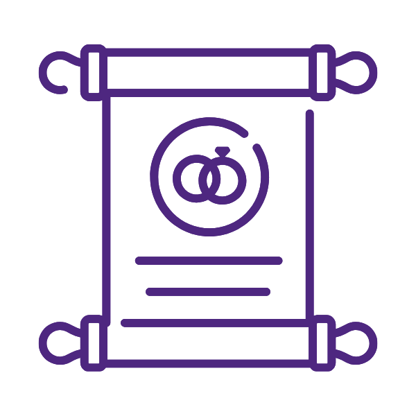 Illustration of a scroll with wedding rings and lines of text.