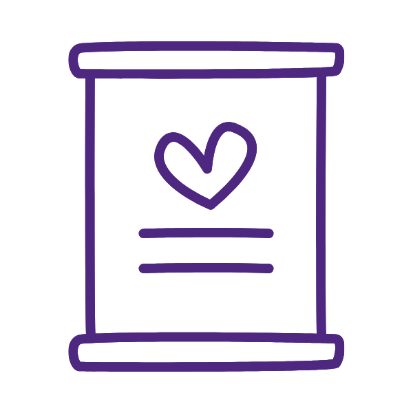 Line drawing of a scroll with a heart and two lines of text, outlined in purple on a black background.