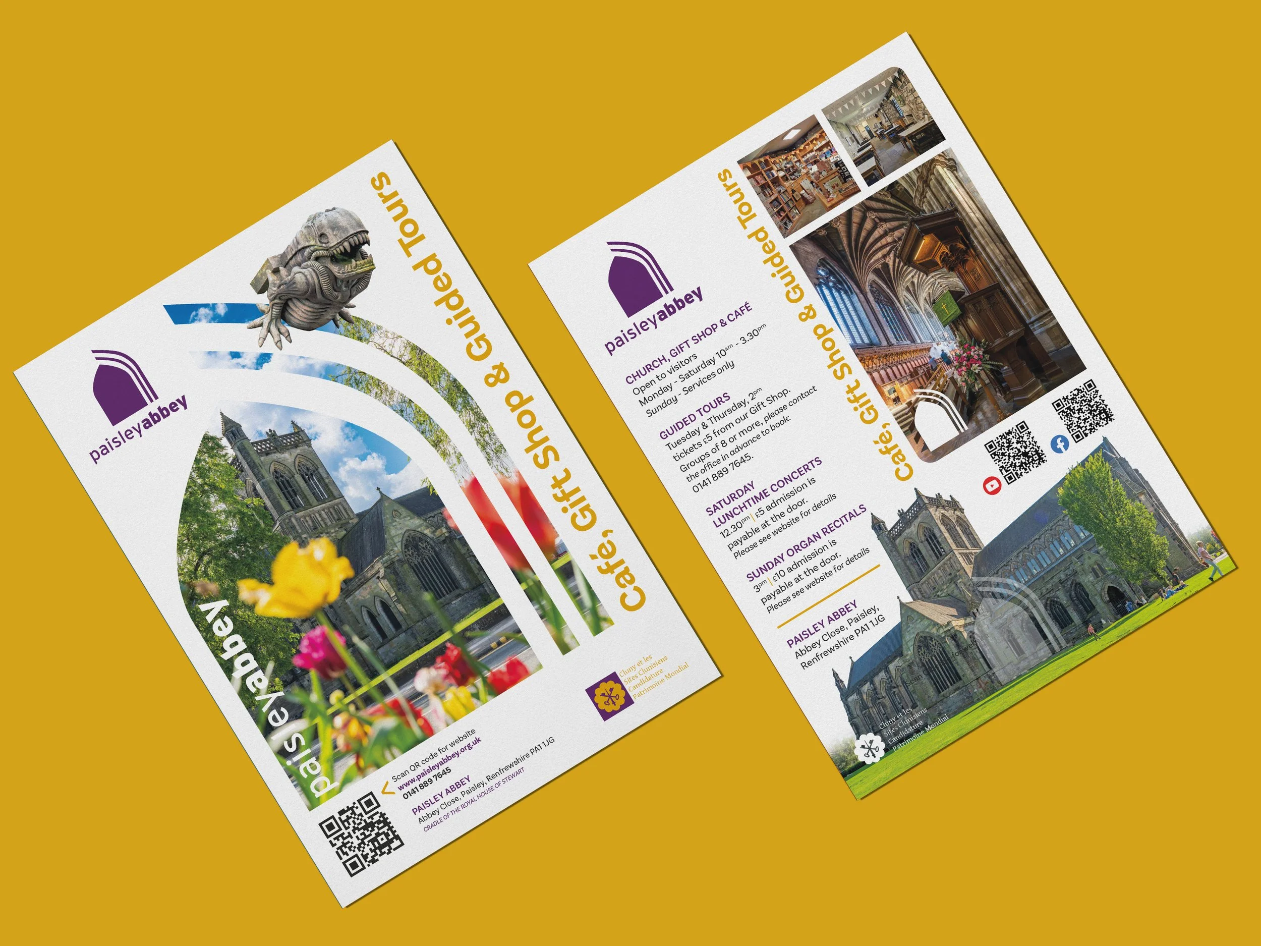 Two flyers for Paisley Abbey, a church and tourism site, showing images of the abbey's exterior, interior, and surrounding gardens, with text about guided tours, concerts, and location contact details.