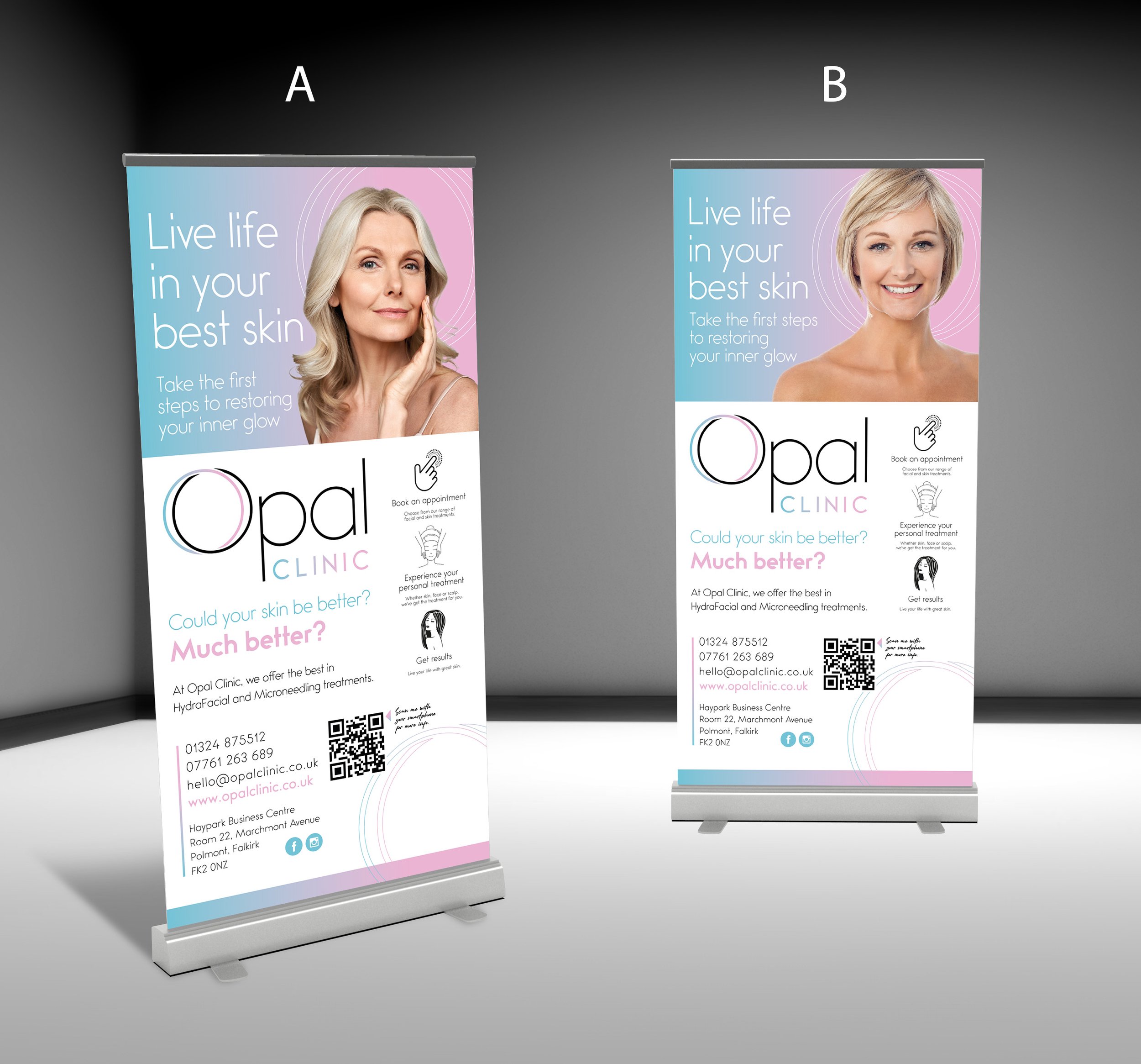 Two vertical roll-up banners for Opal Clinic with images of smiling women, pink and blue color scheme, and text about skin treatments, booking appointments, and contact information.