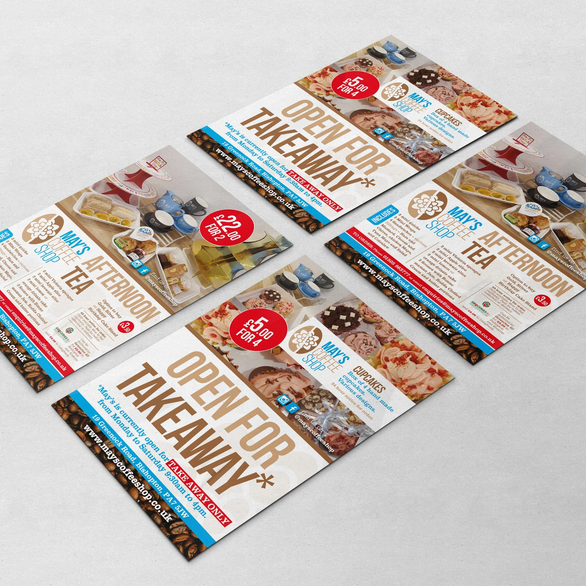 Flyers advertising an open for takeaway service and afternoon tea at May's Coffee Shop, featuring images of cakes, cupcakes, tea, and coffee, with prices and location details.