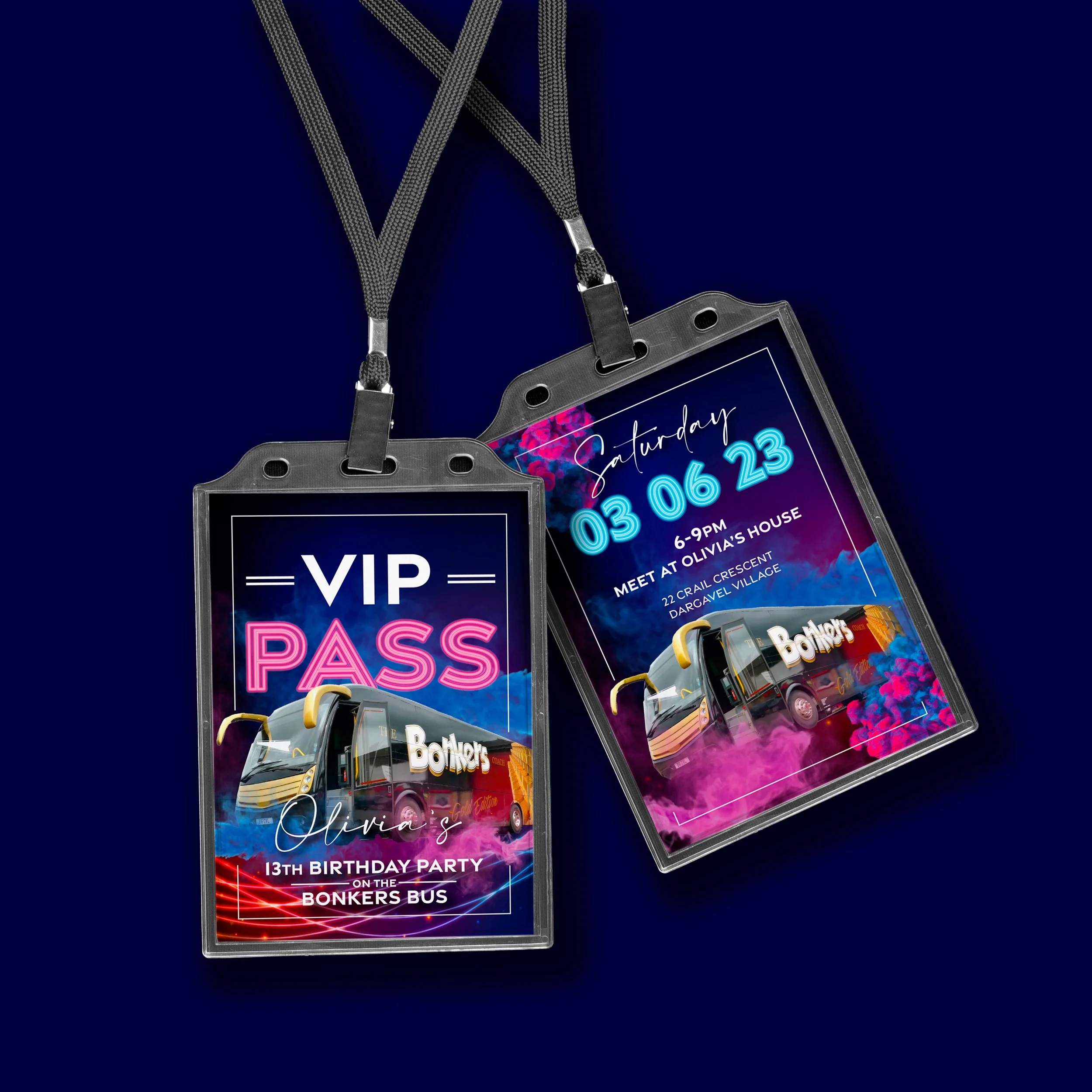 Two vibrant laminated event passes with neon highlights and a bus graphic, one labeled 'VIP PASS' and the other with event details for a birthday party on a bus, set against a dark background.