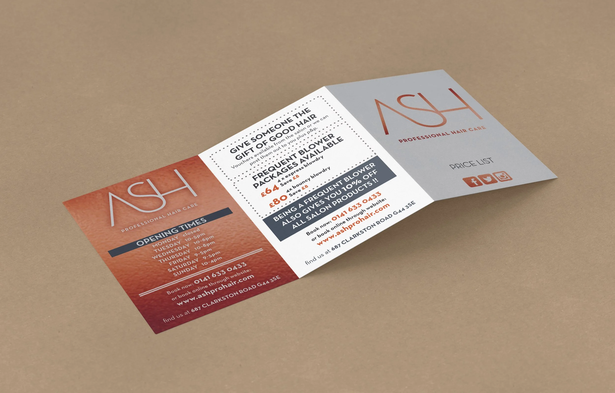 A tri-fold brochure for ASH Professional Hair Care. The brochure includes opening times, promotional offers on hair blowers, and contact information with a website and phone number. The color scheme is red, gray, and white.