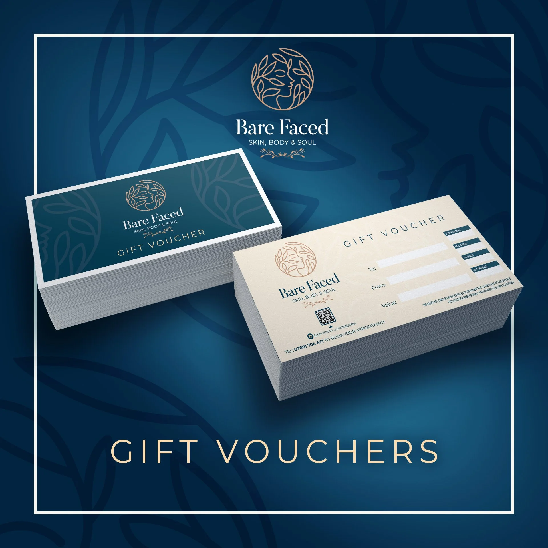 Stack of gift vouchers for Bare Faced skincare, body, and soul, with a blue background and the brand's logo, which features a stylized face outline surrounded by leaves.