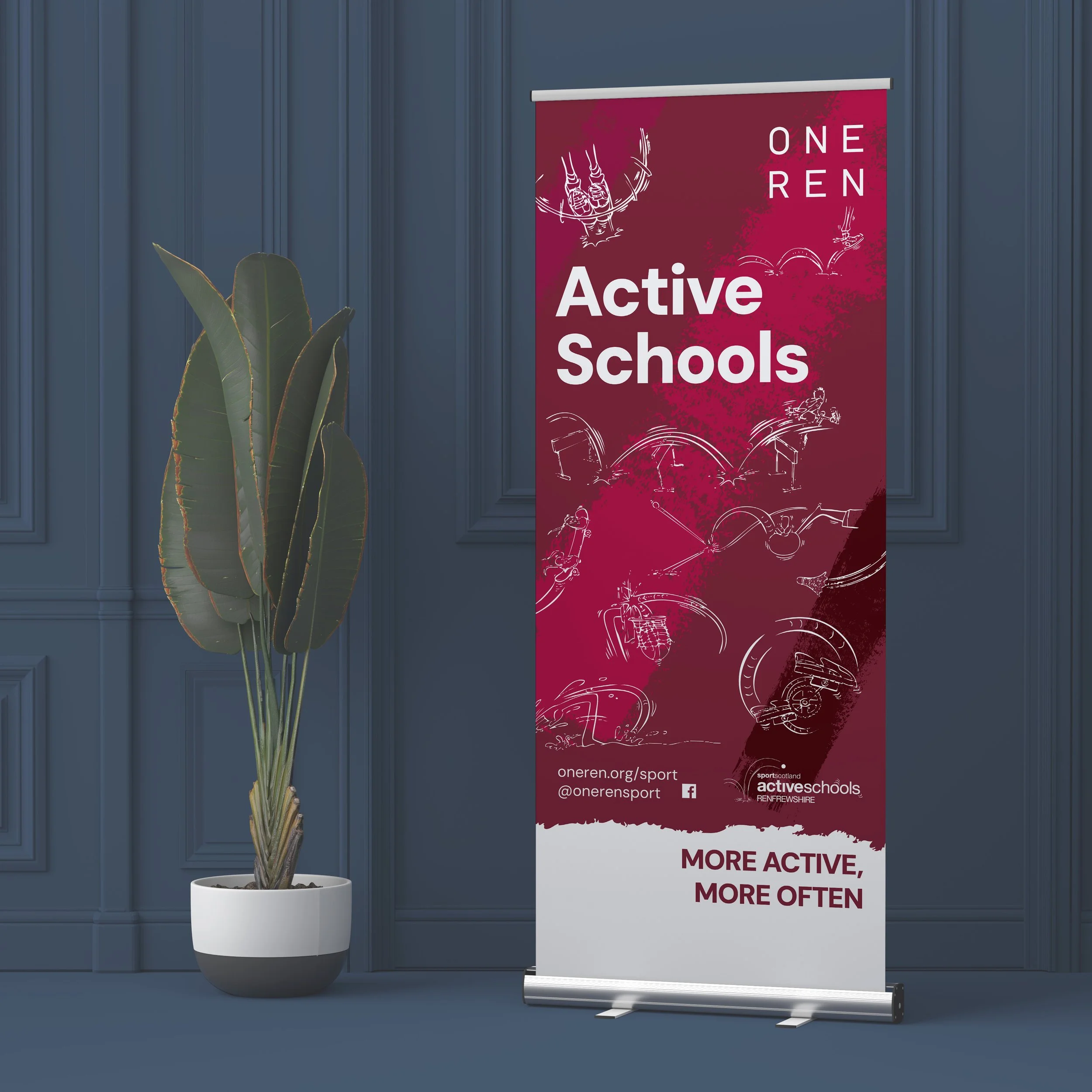 A vertical maroon banner with the words "Active Schools" in large white letters, and the website oneren.org/sport, social media handle @onerensport, and logos at the bottom, emphasizing being more active more often, with abstract white line drawings 