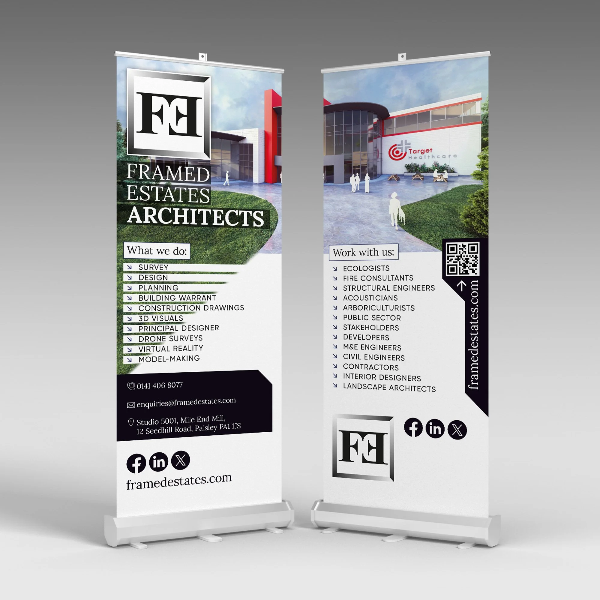 Two vertical banners advertising Framed Estates Architects, featuring a modern building, contact information, and a list of services, with social media icons.