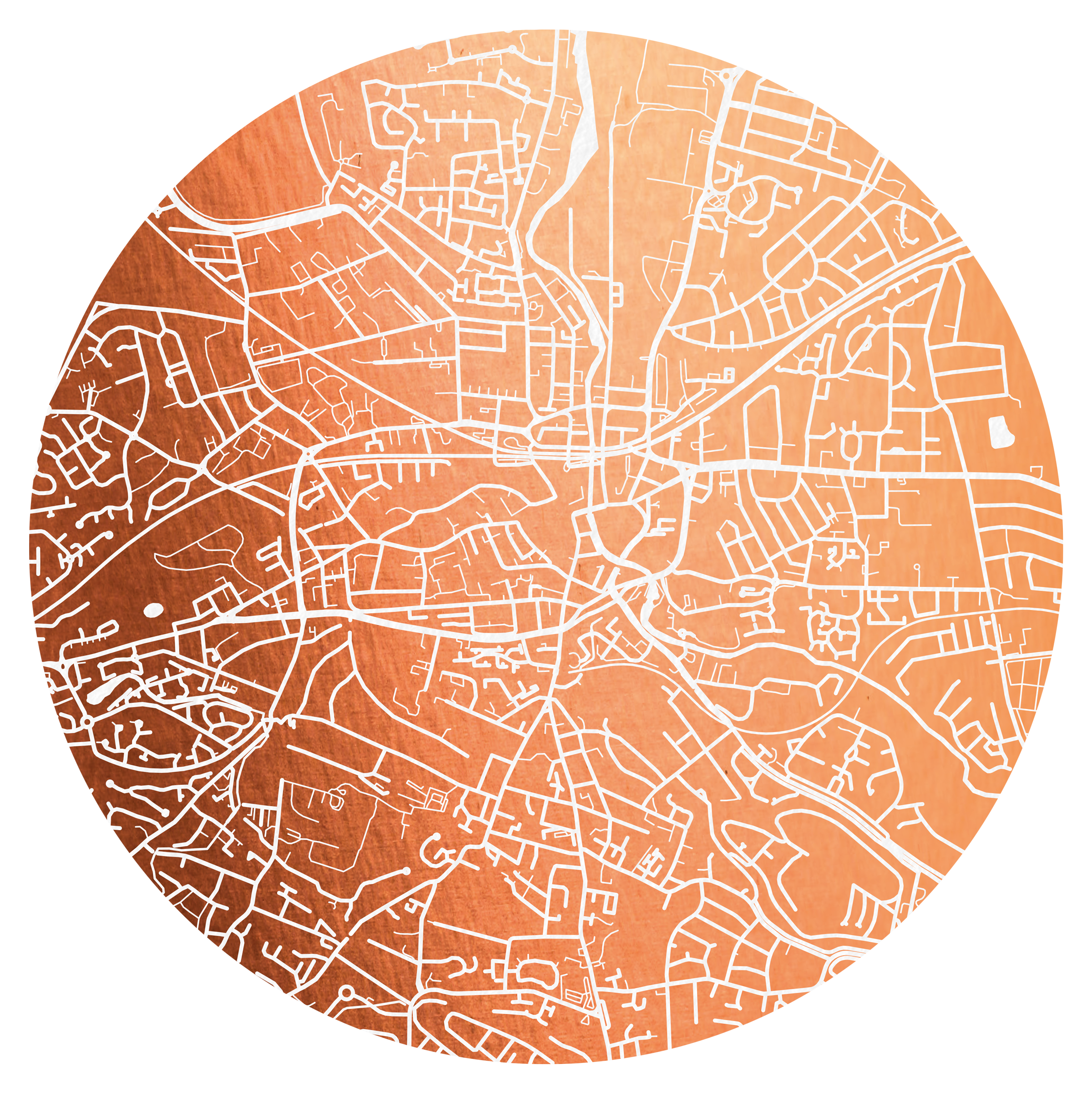 Map of a city with white street lines on a circular, orange watercolor background.