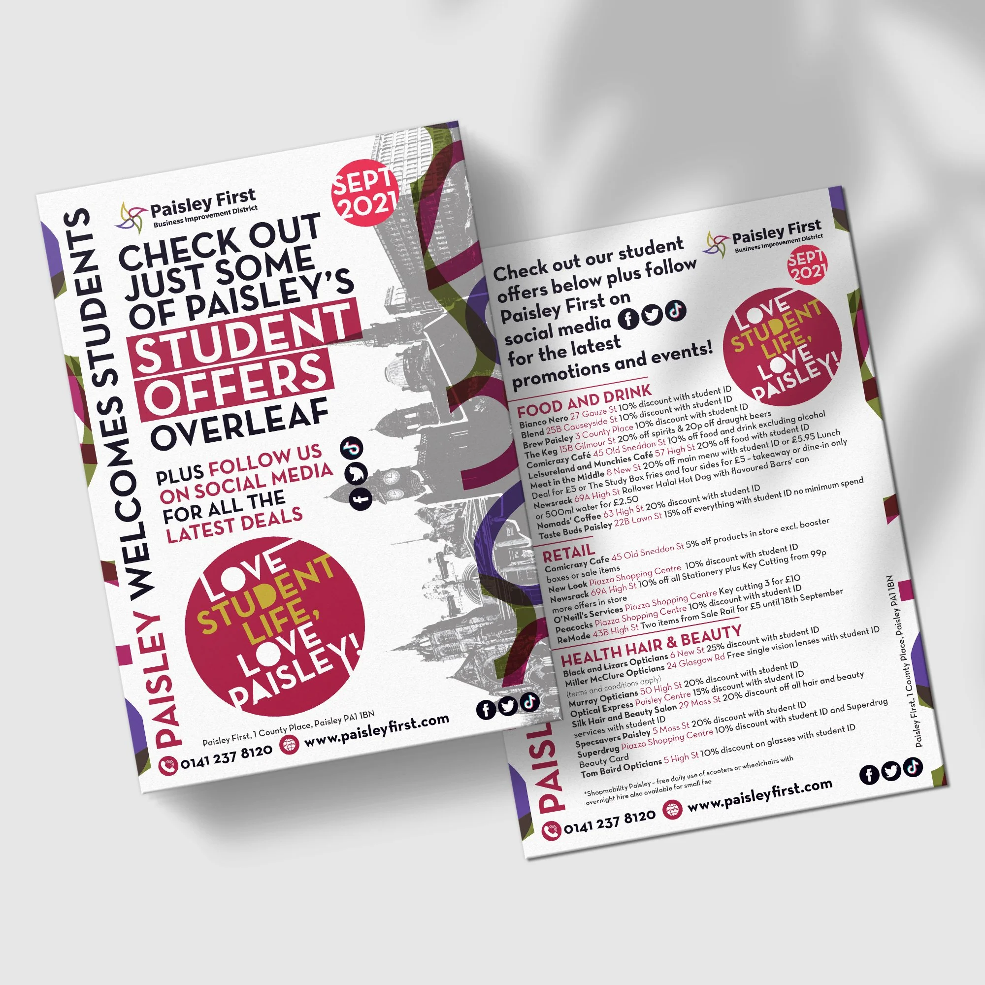 Flyer promoting student offers and deals at Paisley First for September 2021, including food, drinks, retail, and health & beauty discounts, with social media information and contact details.