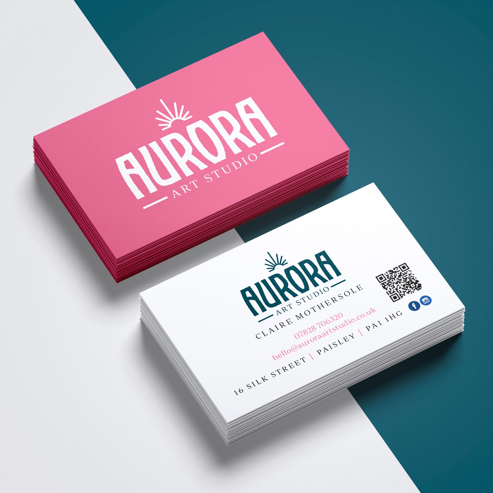 Business cards for Aurora Art Studio, one pink with white logo, one white with black text, contact details, social media icons, and QR code.