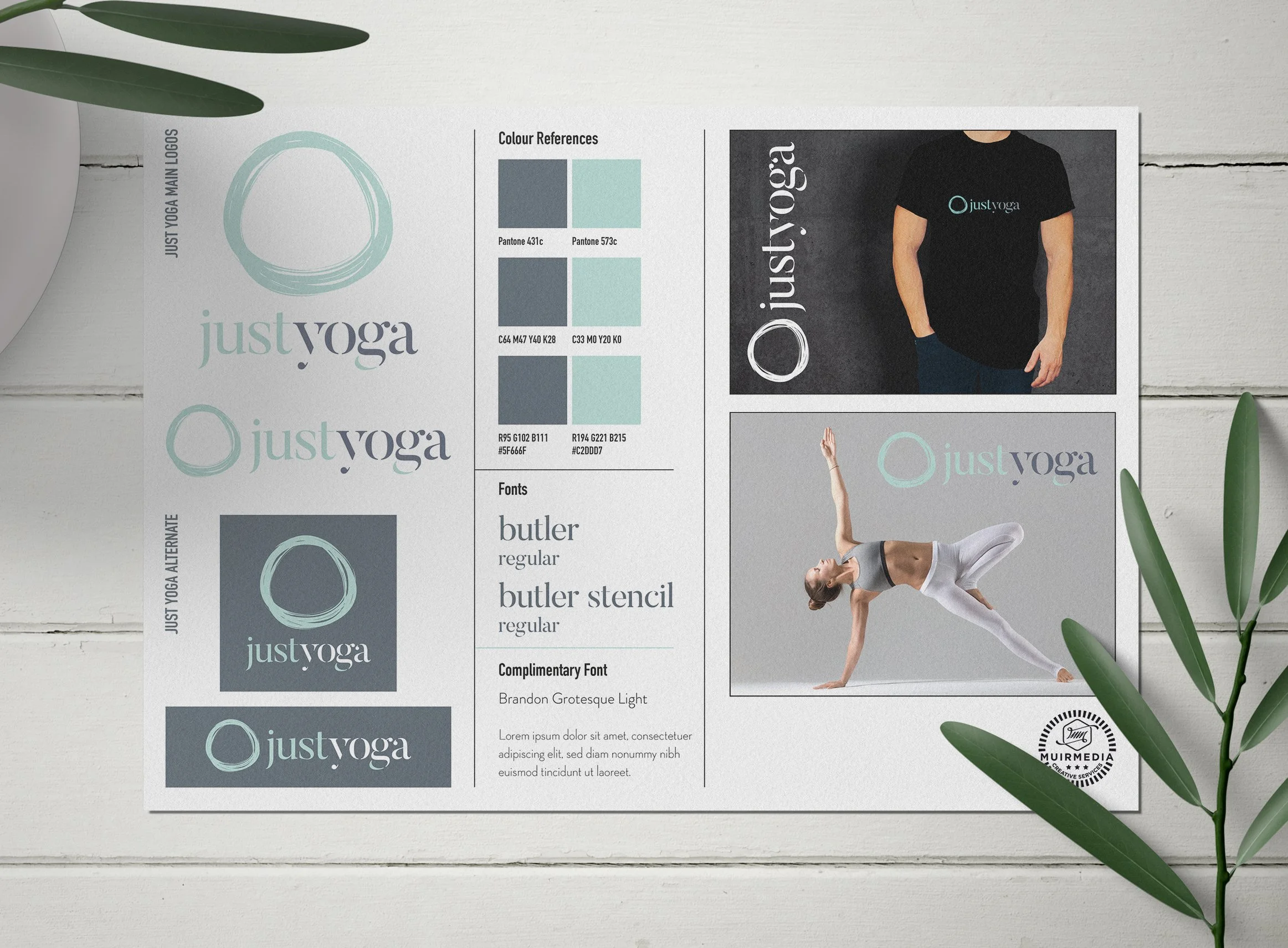 A branding and marketing layout for 'Just Yoga' with logo variations, color references, fonts, and photos of a woman doing yoga and a man wearing a 'Just Yoga' shirt on a white wooden surface with green leaves.