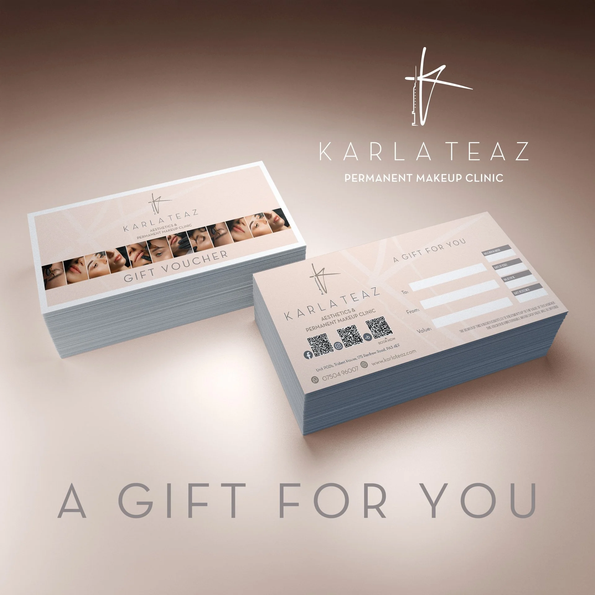Stacks of gift vouchers for Karlateaz Permanent Makeup Clinic, featuring images of women with makeup, along with a gift voucher design showing fields for recipient, sender, value, and a QR code.