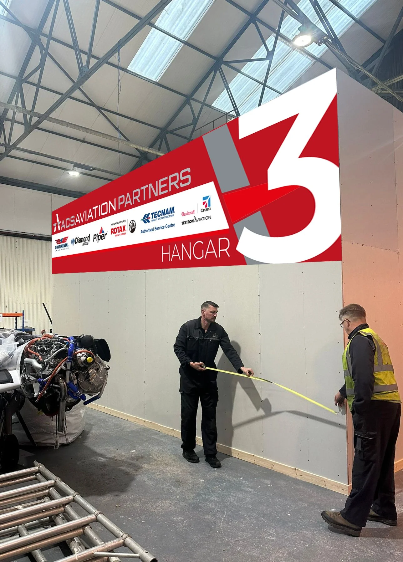 Two men are measuring a wall under a large red and white sign that reads 'Aviation Partners Hangar' at an indoor aircraft hangar. There is an aircraft engine on the floor nearby.