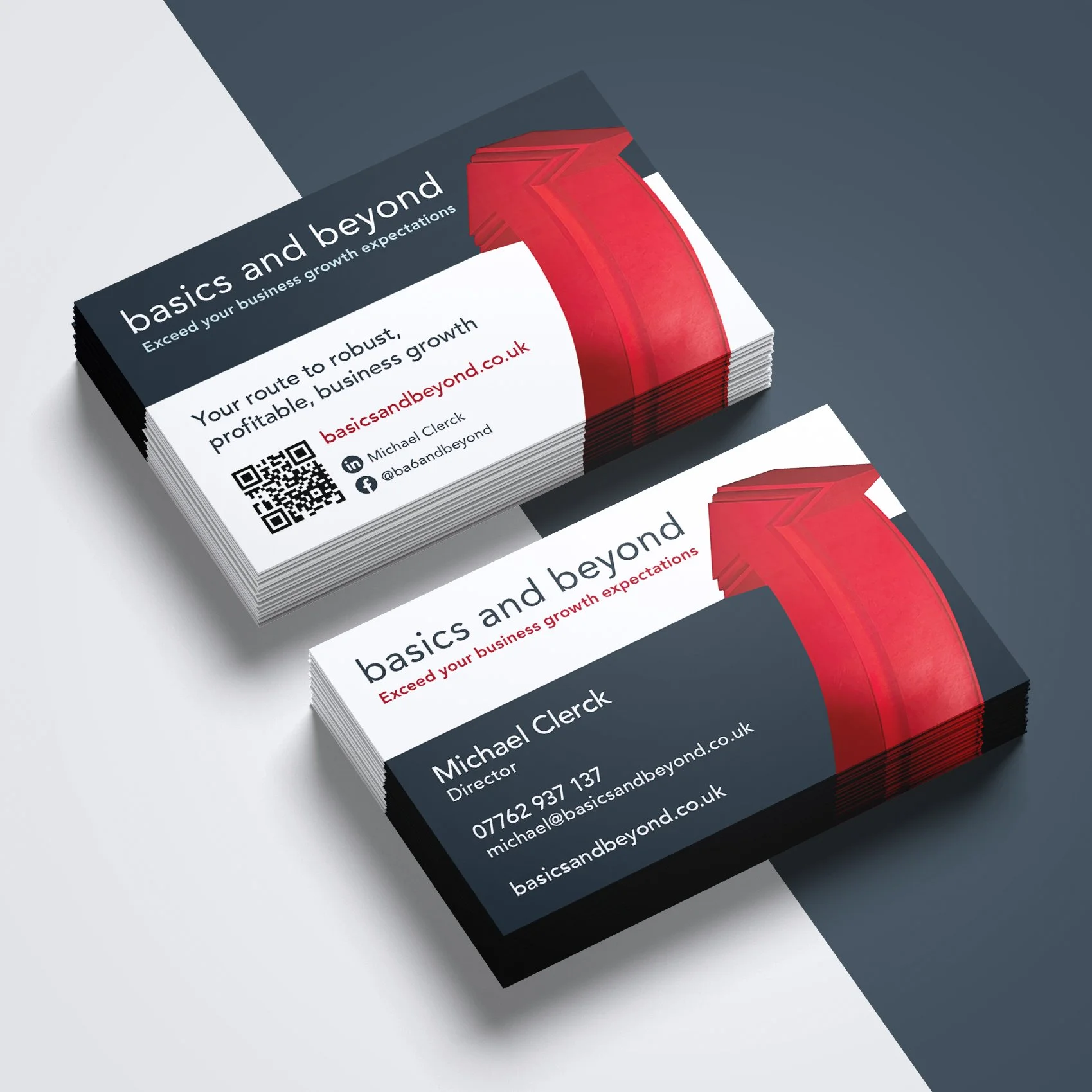 Business card for Basics and Beyond featuring a red arrow design, the tagline "Exceed your business growth expectations," contact information for Michael Clerck, including phone number and email, and a QR code on a dark and white background.