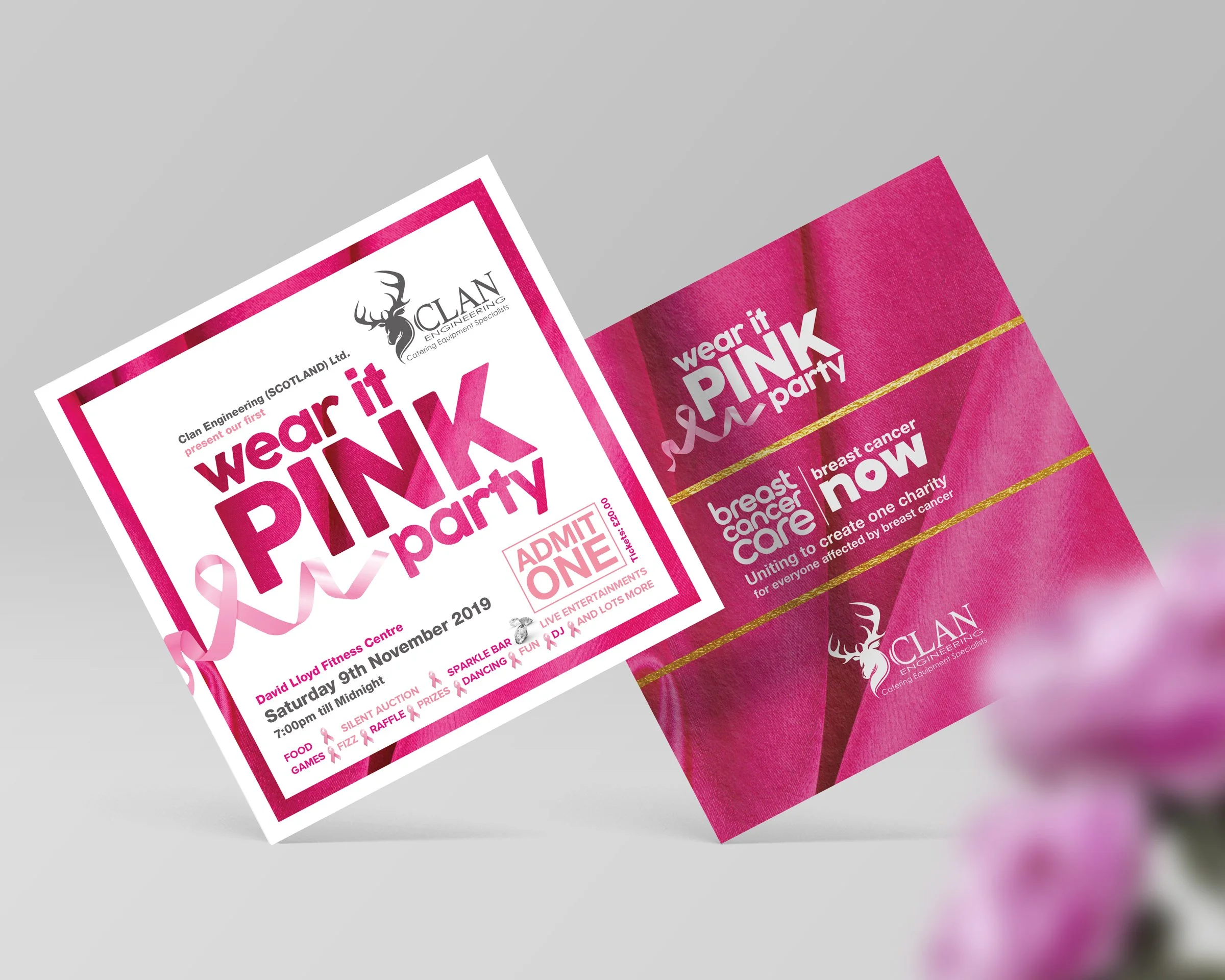 Pink-themed flyer and invitation for a 'Wear it Pink' party supporting breast cancer awareness, including event details and a badge to admit one.