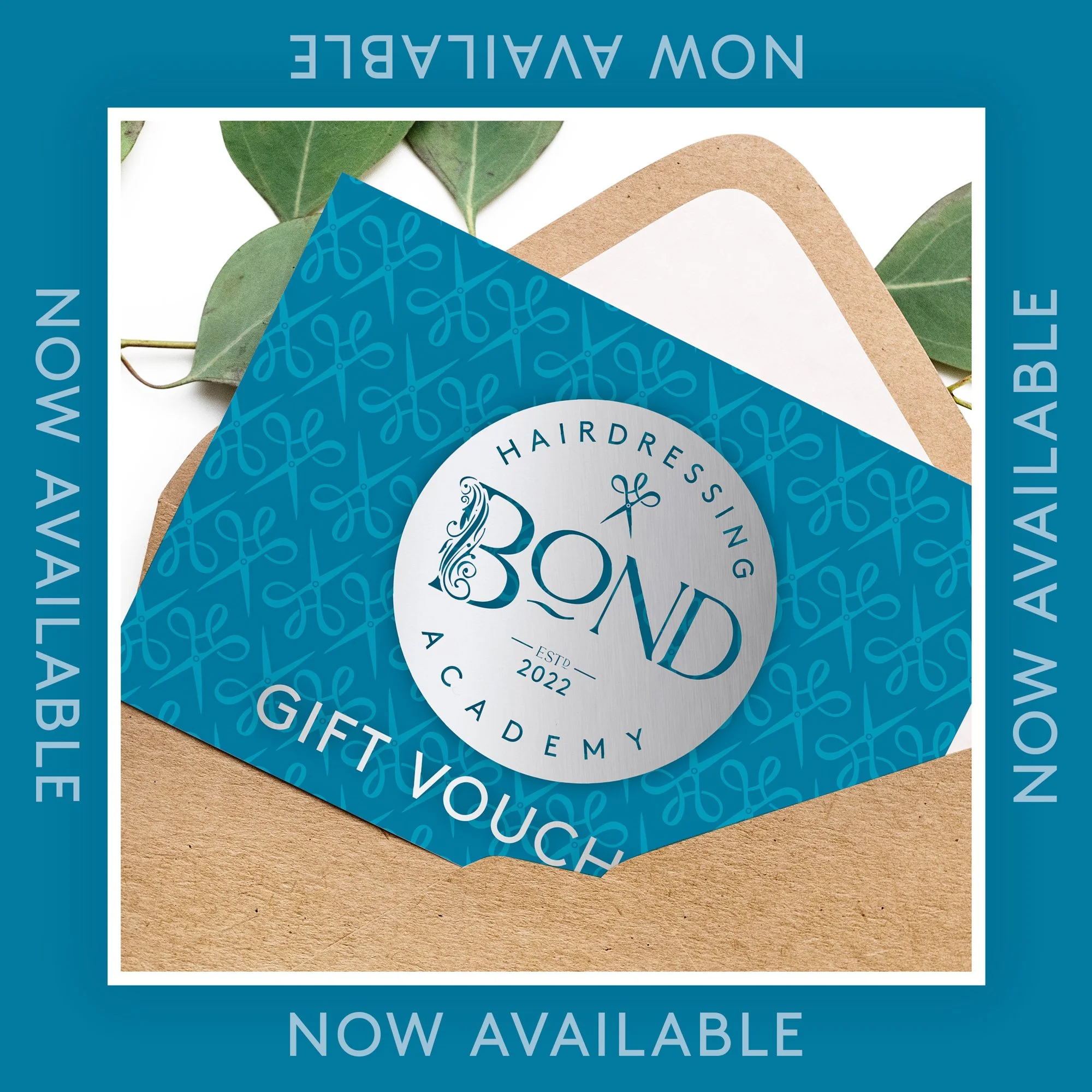 A gift card for Bon Hairdressing Academy with a blue background, placed inside a brown paper envelope, surrounded by green leaves, with text indicating it is now available.