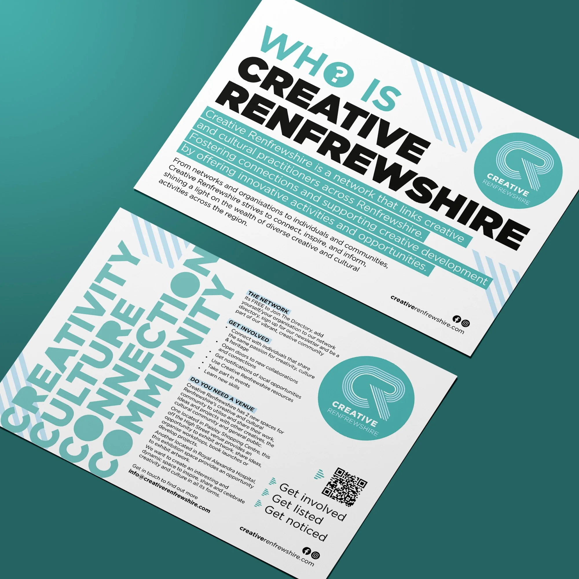 Two flyers for Creative Renfrewshire, a network linking creative and cultural practitioners in Renfrewshire. The flyers contain information about the network's purpose, involvement, and how to get involved, including a QR code and contact details.