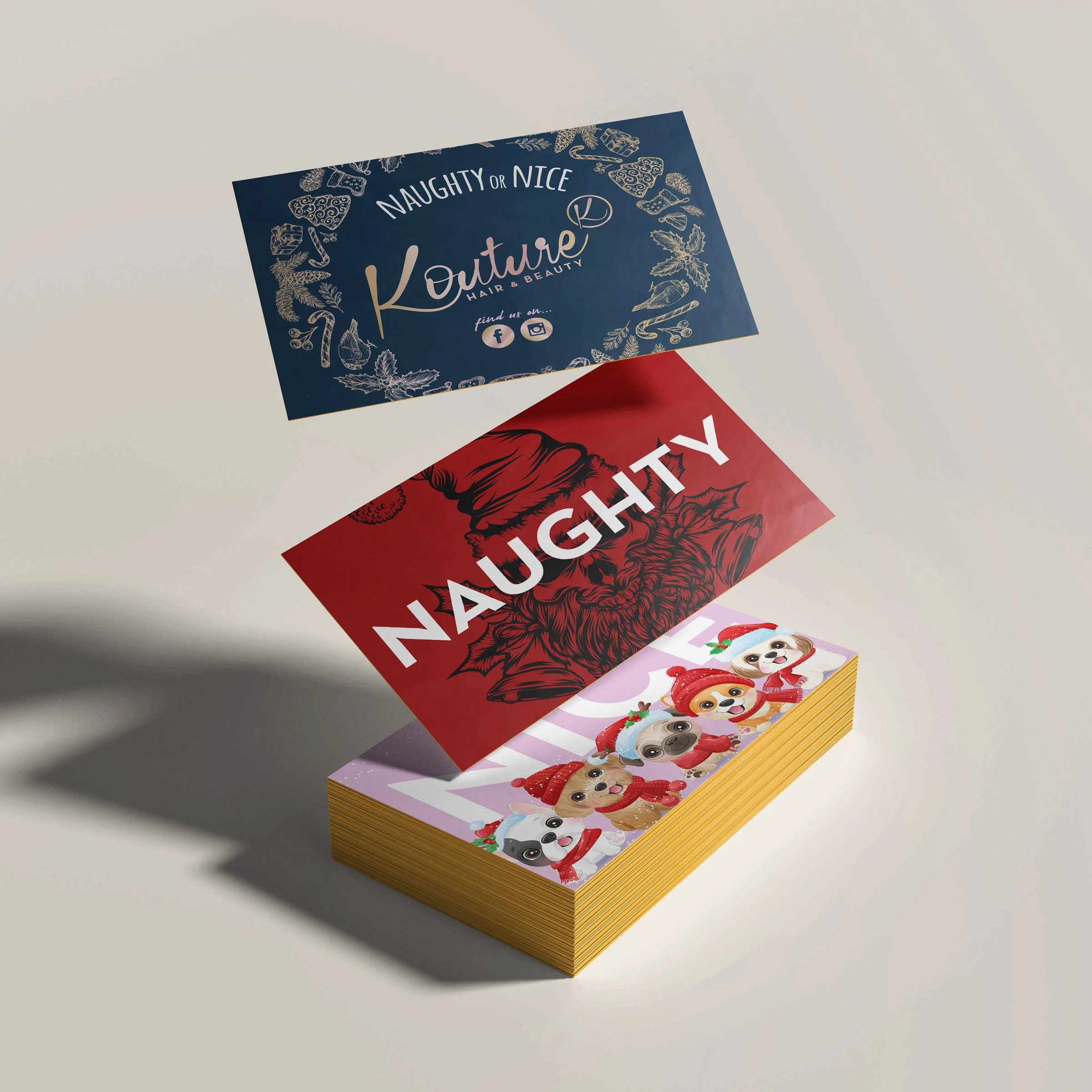Business cards with Christmas and holiday themes, showing the words 'Naughty' and 'Nice', along with images of Santa, elves, and holiday decorations.