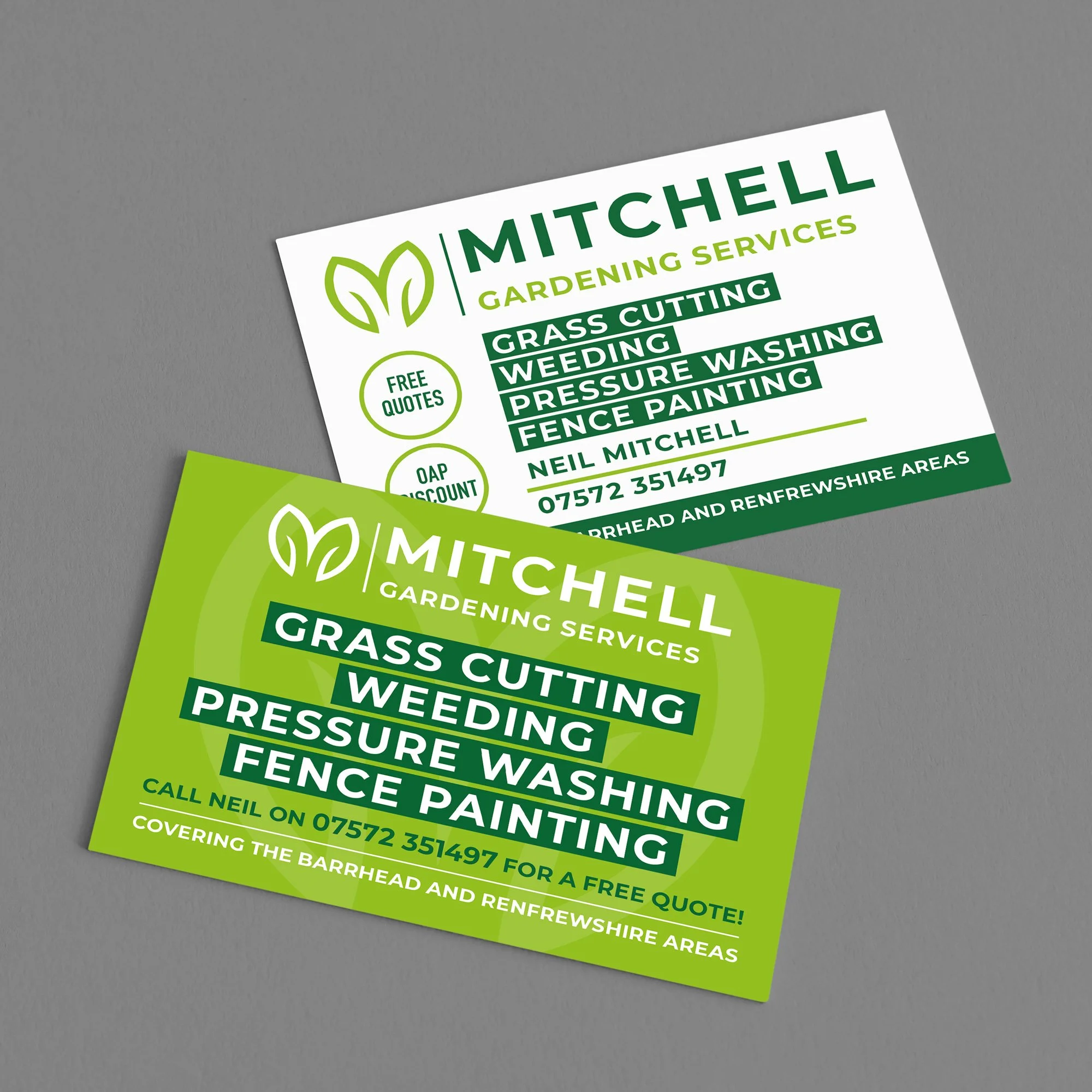 Business cards for Mitchell Gardening Services featuring green and white colors, with an icon of a leaf and text listing services such as grass cutting, weeding, pressure washing, and fence painting, along with contact details and promotional message