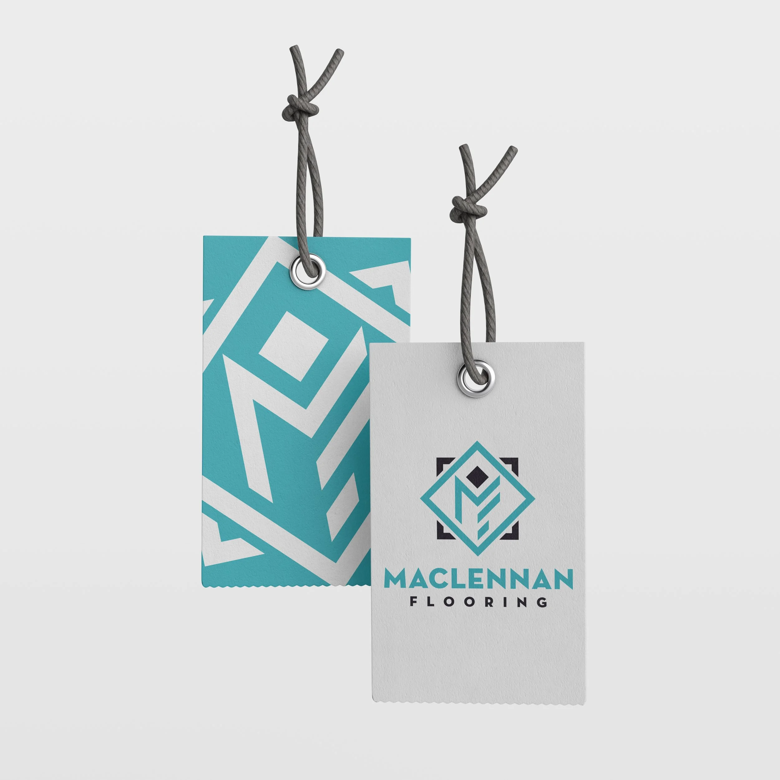 Two branding tags for MacLennan Flooring, one with a geometric design and the other with the company logo and name.