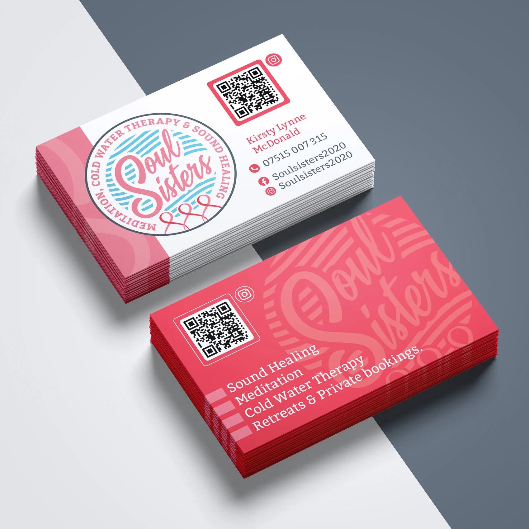 Business cards for 'Dow Sisters' featuring pink and white color scheme, with topics on cold water therapy, sound healing, meditation, retreats, and private bookings, and includes QR codes and contact information.