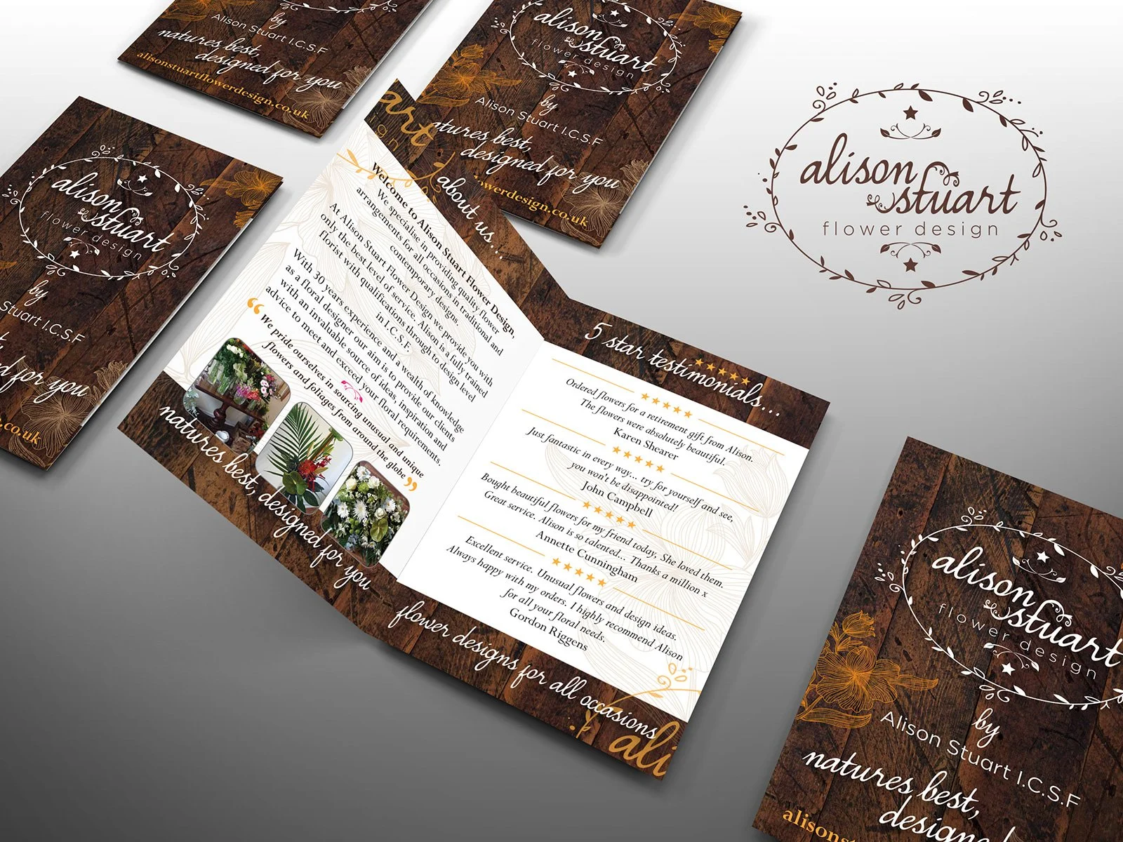 Brochure and business cards for Alison Stuart Flower Design featuring a rustic wood background, floral illustrations, and descriptions of flower arrangements with customer testimonials.