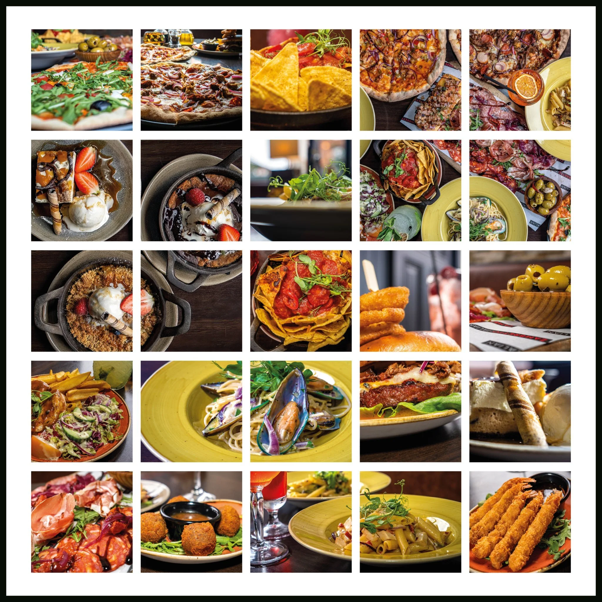 A collage of various dishes including pizzas, salads, pasta, tacos, desserts, and fried foods.