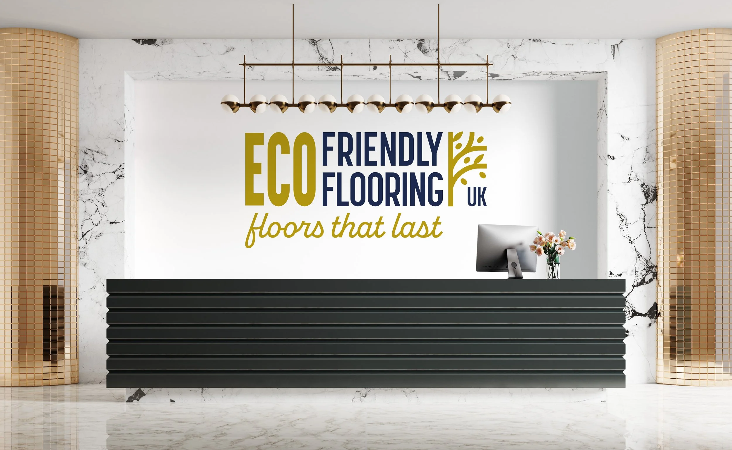 Modern reception area with black striped desk, marble walls, gold accents, and a sign that says "ECO Friendly Flooring UK" with a tree logo and the slogan "floors that last."