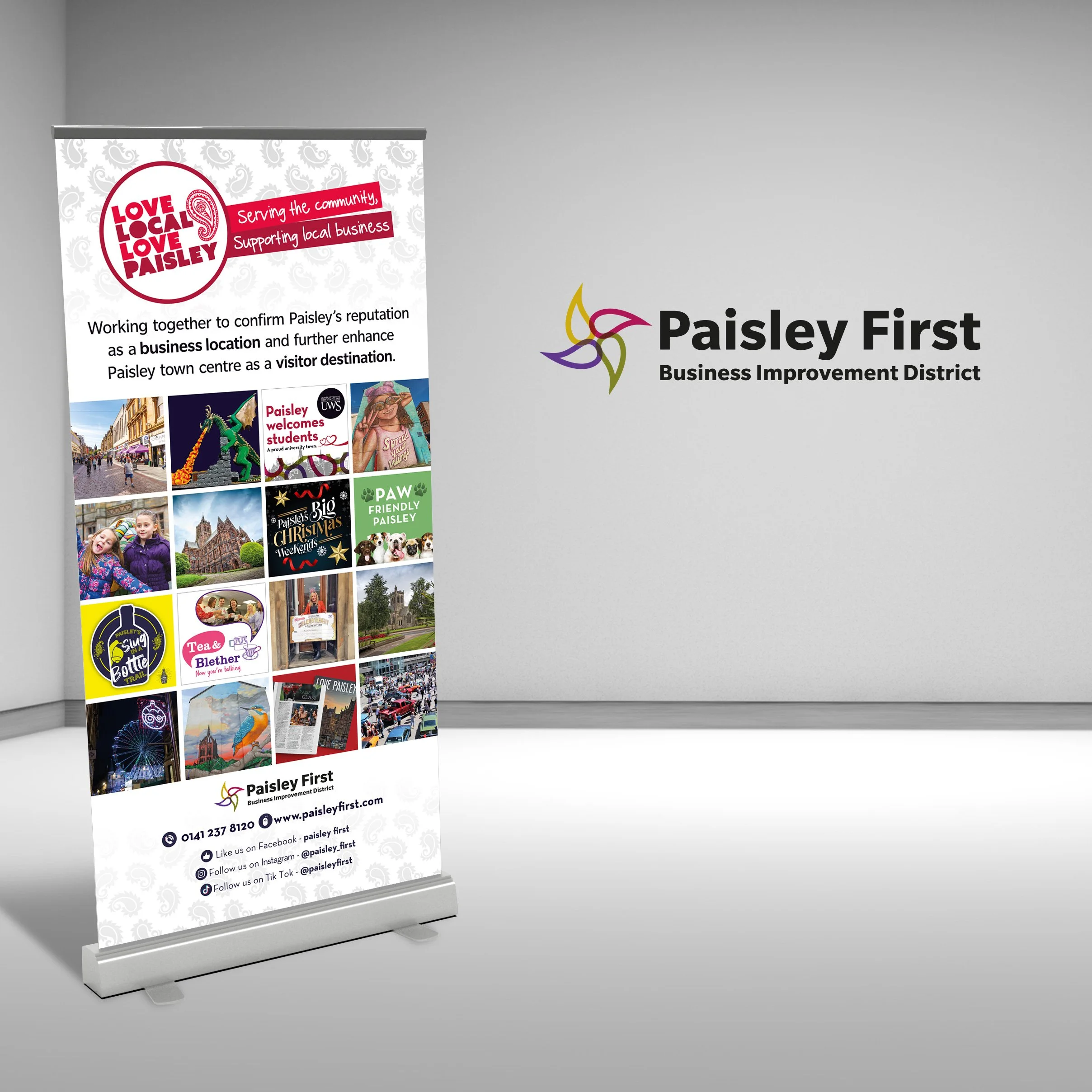 A colorful promotional banner for Paisley First Business Improvement District, featuring images of local events and activities, with contact information and social media icons at the bottom. The banner promotes Paisley's reputation as a business dest