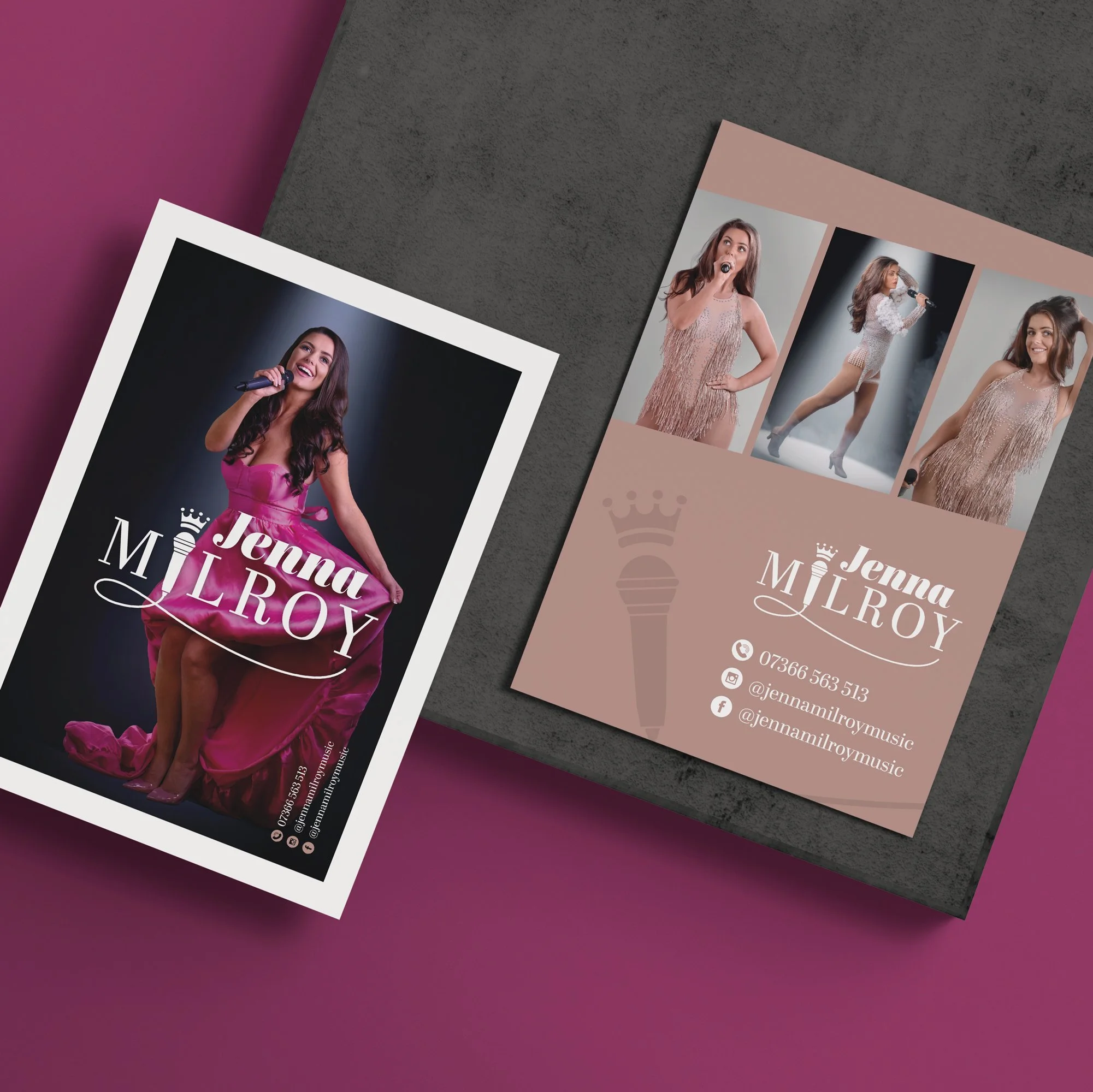 Promotional business cards featuring a female singer, Jenna M. Roy, with contact information and social media handles.