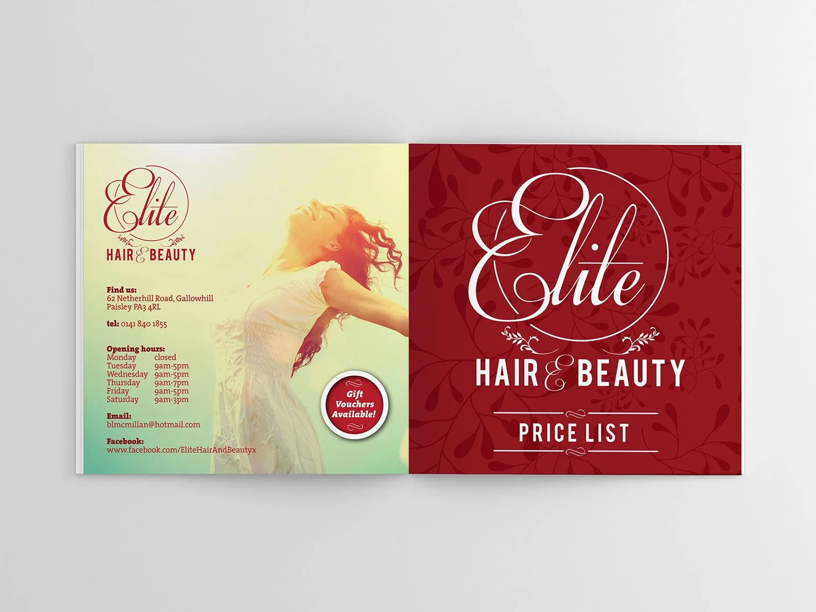 Brochure for Elite Hair & Beauty with contact info, opening hours, and a photo of a woman with curly hair smiling with arms outstretched, background in light pastel colors and a red decorative side panel.