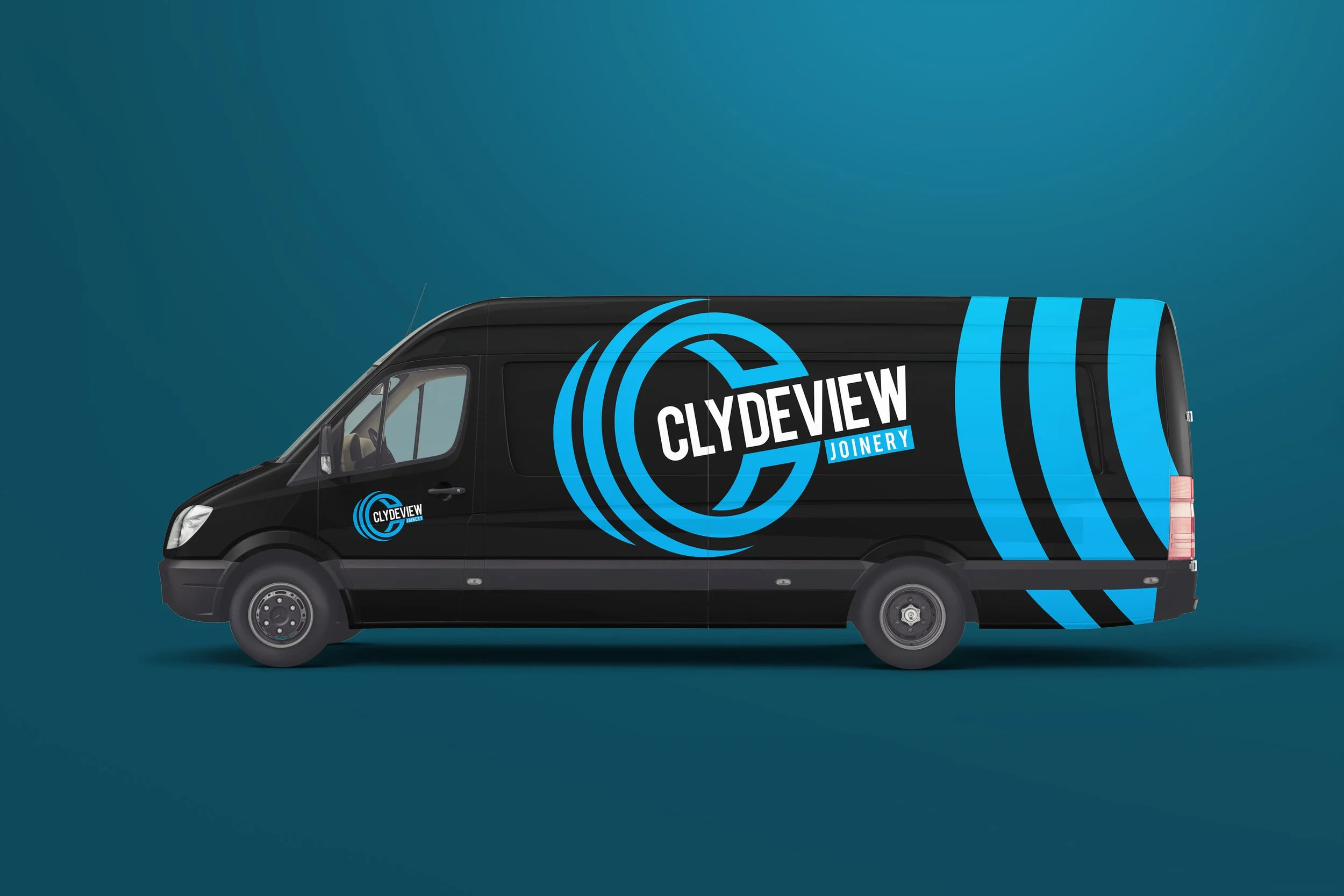 Black delivery van with blue and white branding for Clydeview Joinery, featuring large stylized logo and text on the side and smaller logo on the front door, against a teal background.